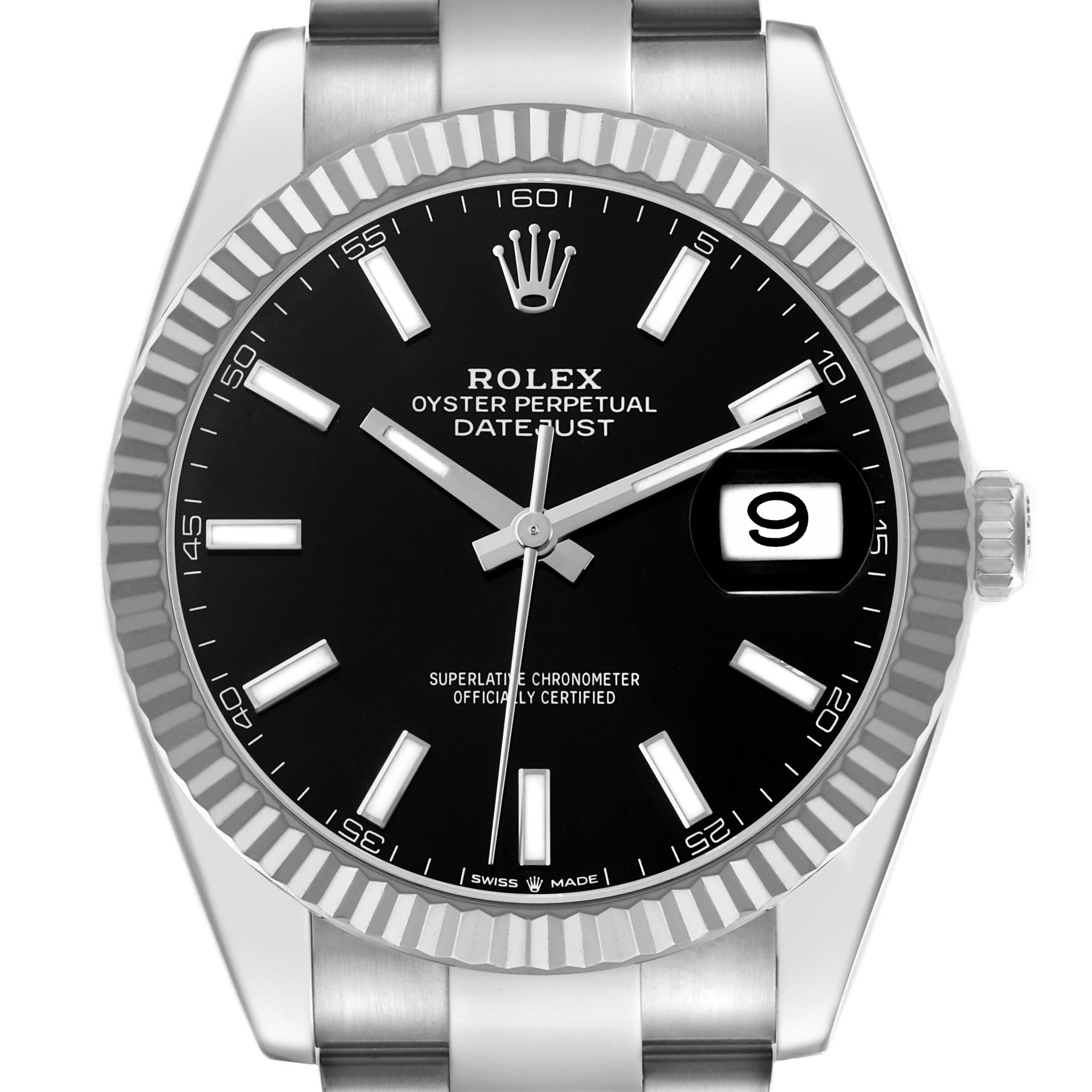 The Rolex Datejust 41 126334 Men's Stainless Steel Black Dial is shown from a front angle, highlighting the black dial, fluted bezel, and date window.