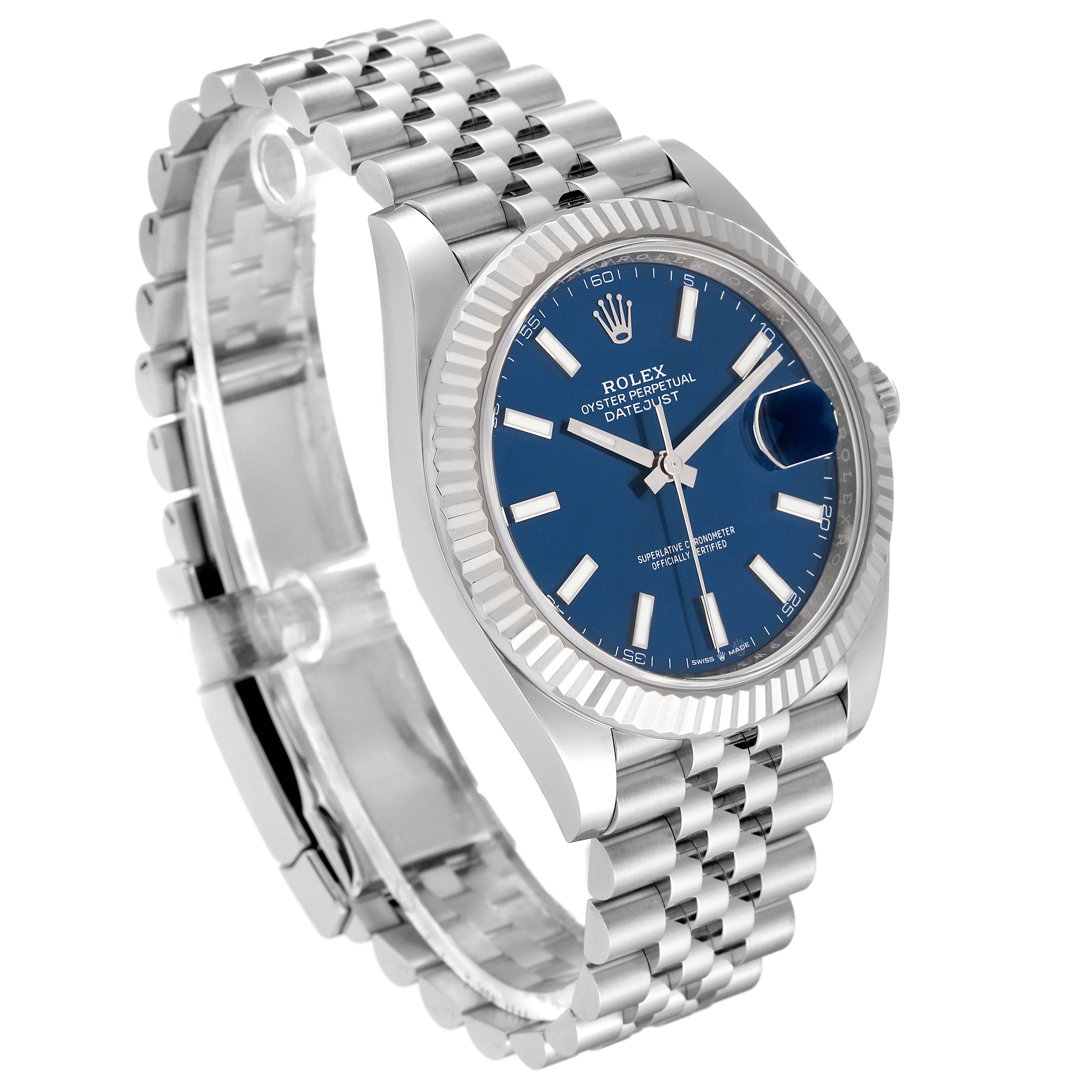 The image shows the Rolex Datejust 41 126334 Men
s Stainless Steel Blue Dial 126334 Men
s Stainless Steel Blue Dial watch at a slight angle, highlighting its blue dial, fluted bezel, and jubilee bracelet.