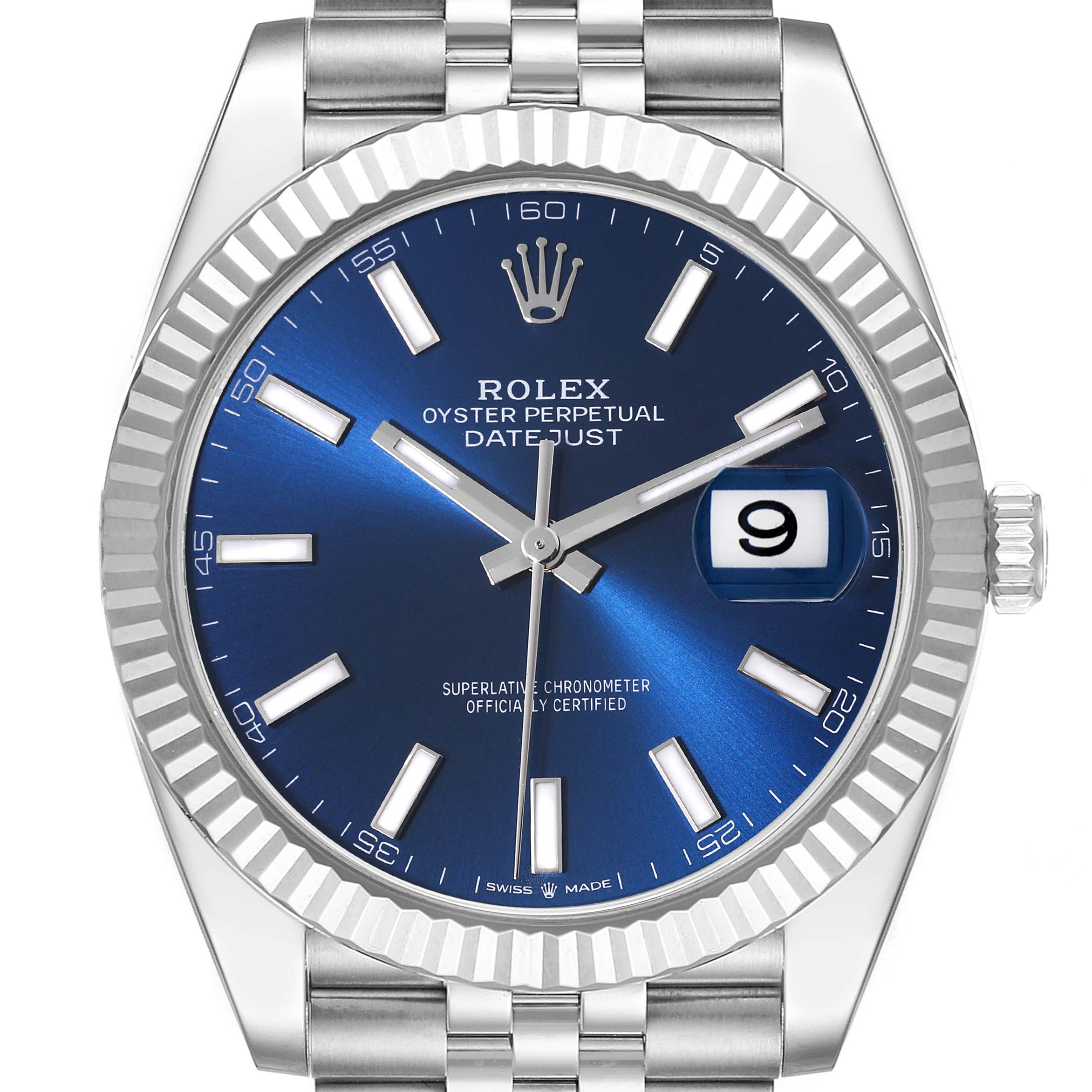 The image shows a front view of a Rolex Datejust 41 126334 Men
s Stainless Steel Blue Dial 126334 Men
s Stainless Steel Blue Dial watch with a blue dial, fluted bezel, and Jubilee bracelet.