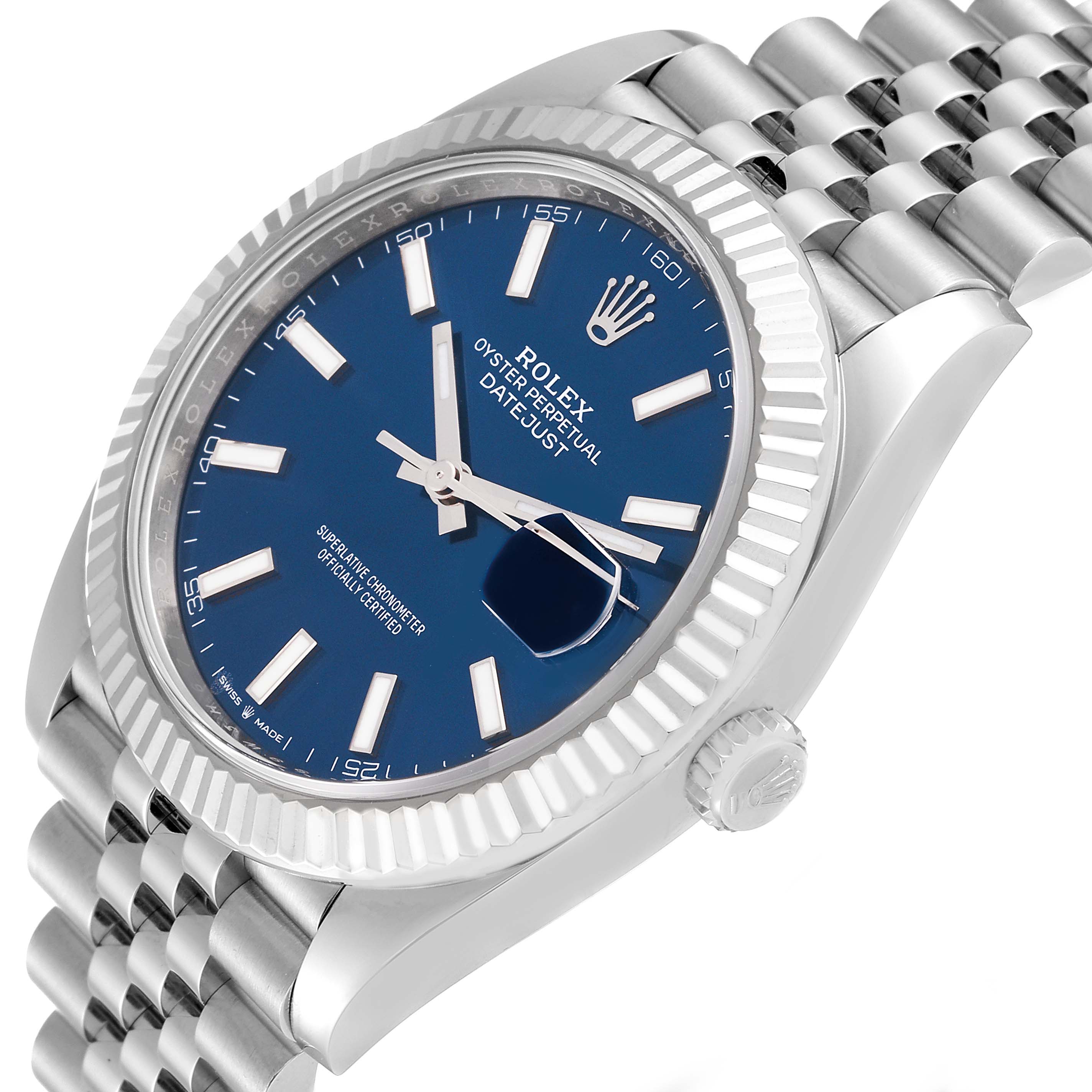 The image shows a close-up, angled view of the Rolex Datejust 41 126334 Men
s Stainless Steel Blue Dial 126334 Men
s Stainless Steel Blue Dial watch, featuring its blue dial, fluted bezel, and Jubilee bracelet.