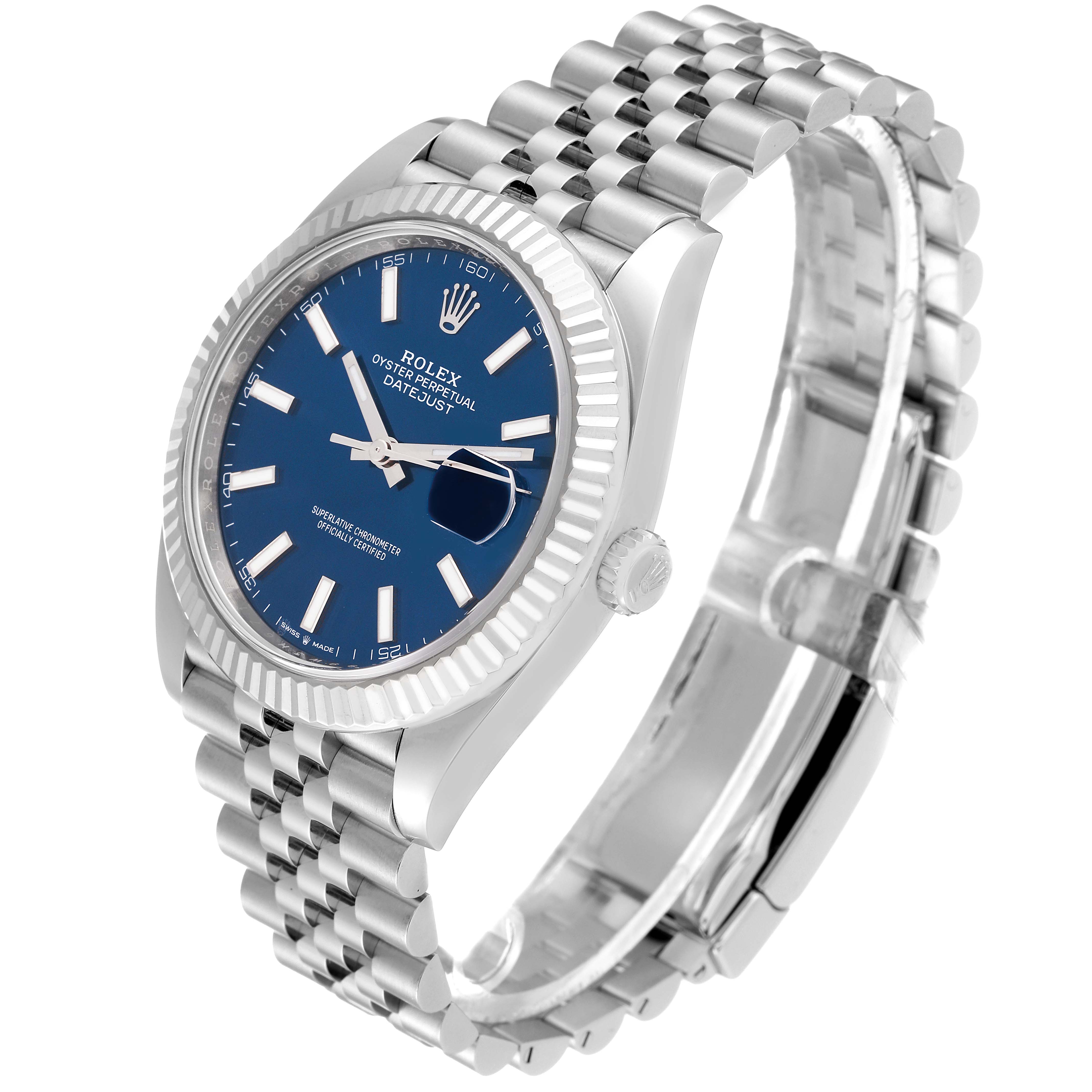 The image shows a Rolex Datejust 41 126334 Men
s Stainless Steel Blue Dial 126334 Men
s Stainless Steel Blue Dial watch at a slight angle, highlighting its blue dial, fluted bezel, and Jubilee bracelet.