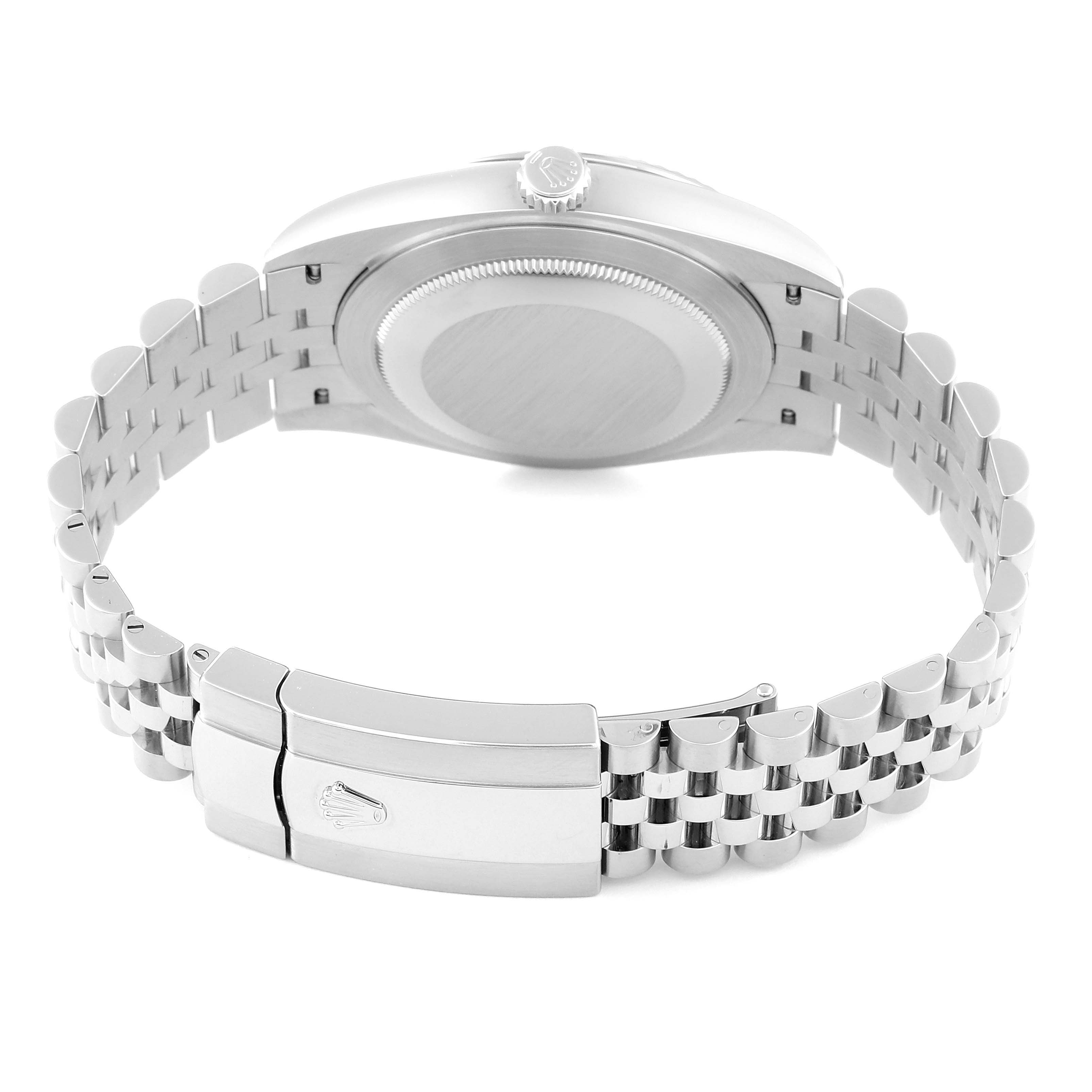 The image shows the back case and clasp of a Rolex Datejust 41 126334 Men
s Stainless Steel Blue Dial 126334 Men
s Stainless Steel Blue Dial watch at a rear angle.