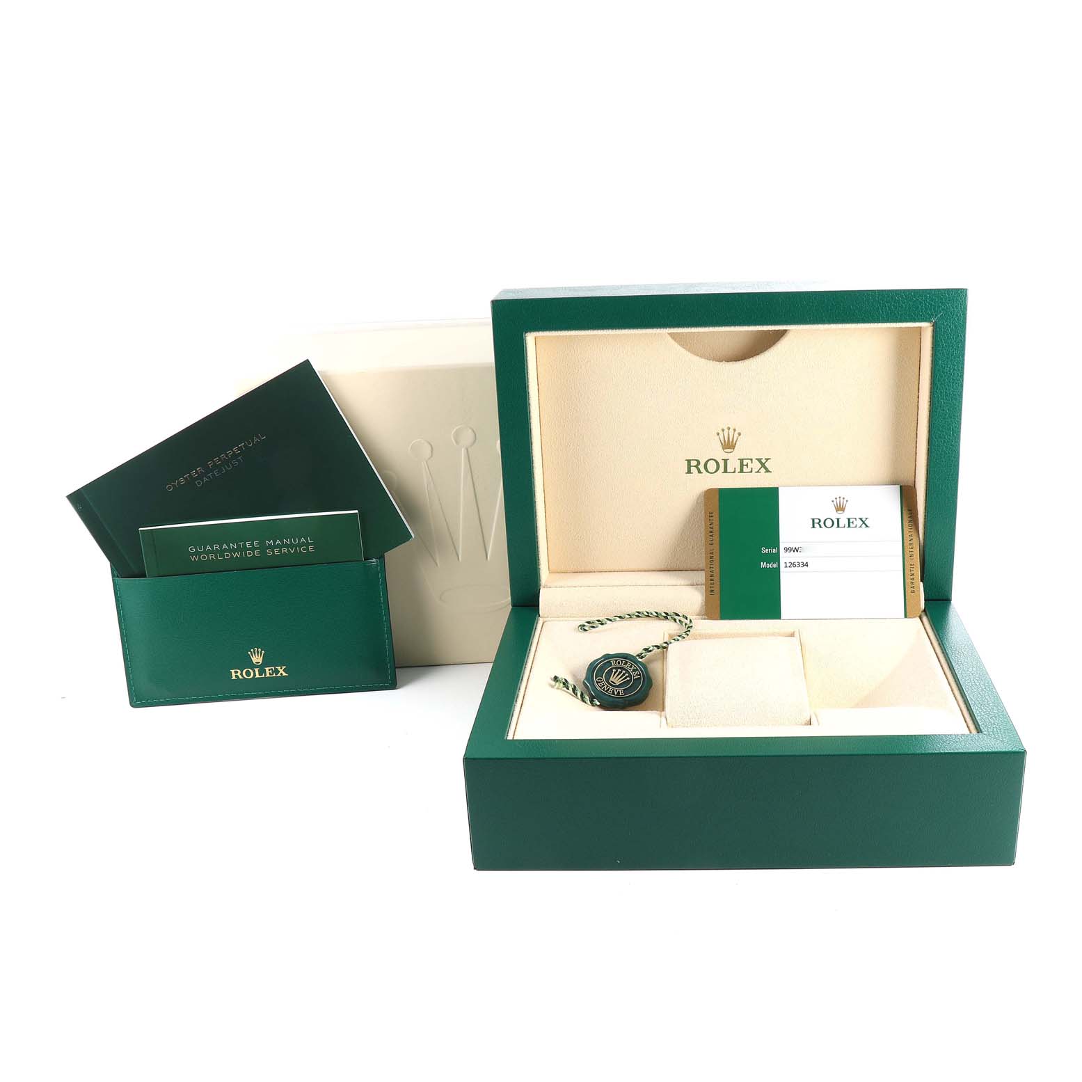 The image shows the packaging and accessories of a Rolex Datejust 41 126334 Men
s Stainless Steel Blue Dial 126334 Men
s Stainless Steel Blue Dial, including the box, tags, and documentation on display.