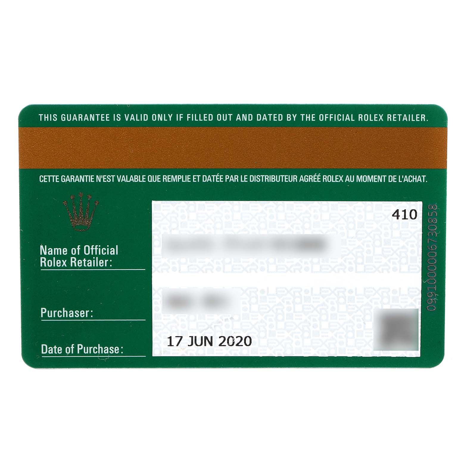 This is a warranty card for the Rolex Datejust 41 126334 Men
s Stainless Steel Blue Dial 126334 Men
s Stainless Steel Blue Dial, showing the retailer
s name, purchaser
s name, and date of purchase.