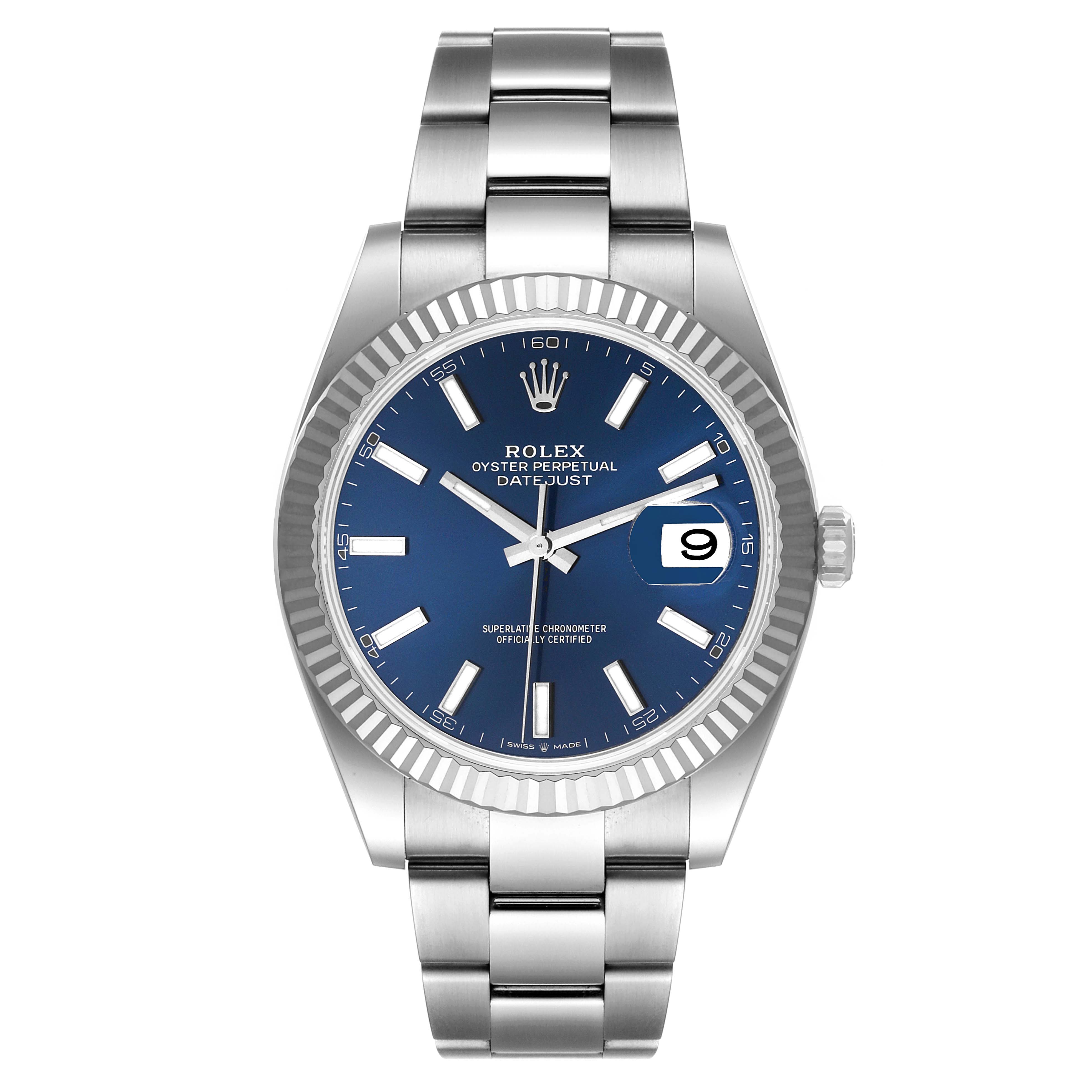 The image shows a Rolex Datejust 41 126334 Men
s Stainless Steel Blue Dial 126334 Men
s Stainless Steel Blue Dial watch from a front angle, highlighting the dial, bezel, and bracelet.