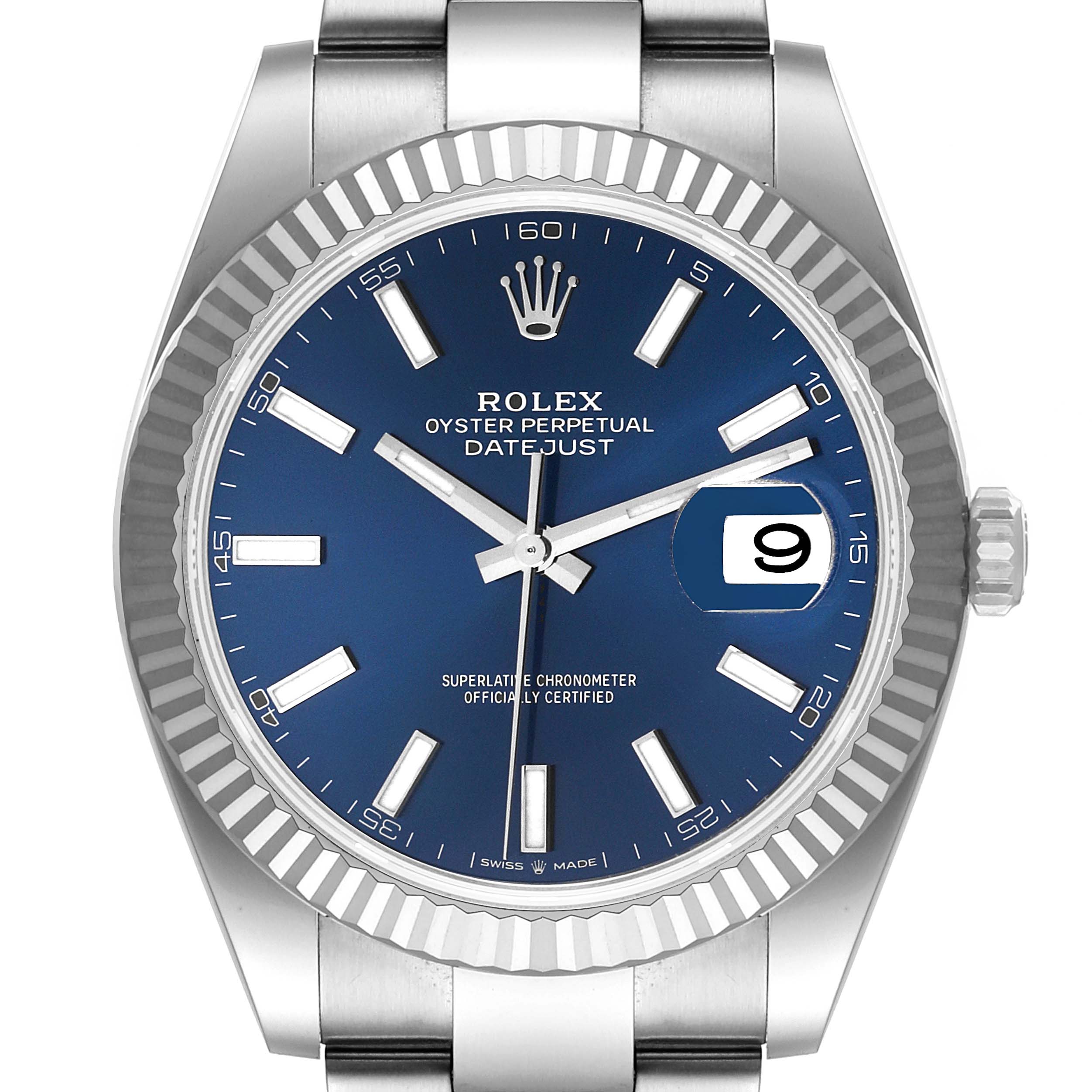 The image shows a front view of a Rolex Datejust 41 126334 Men
s Stainless Steel Blue Dial 126334 Men
s Stainless Steel Blue Dial watch, highlighting its blue dial, fluted bezel, and date display.