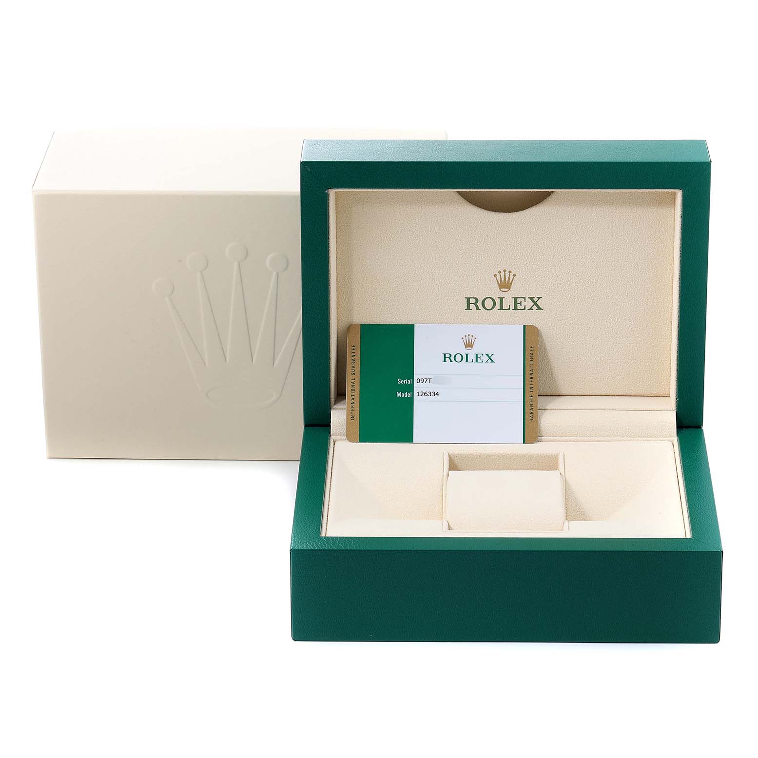 The image displays the packaging and Best Quality
ity card of a Rolex Datejust 41 126334 Men
s Stainless Steel Blue Dial 126334 Men
s Stainless Steel Blue Dial, with the box partially open.