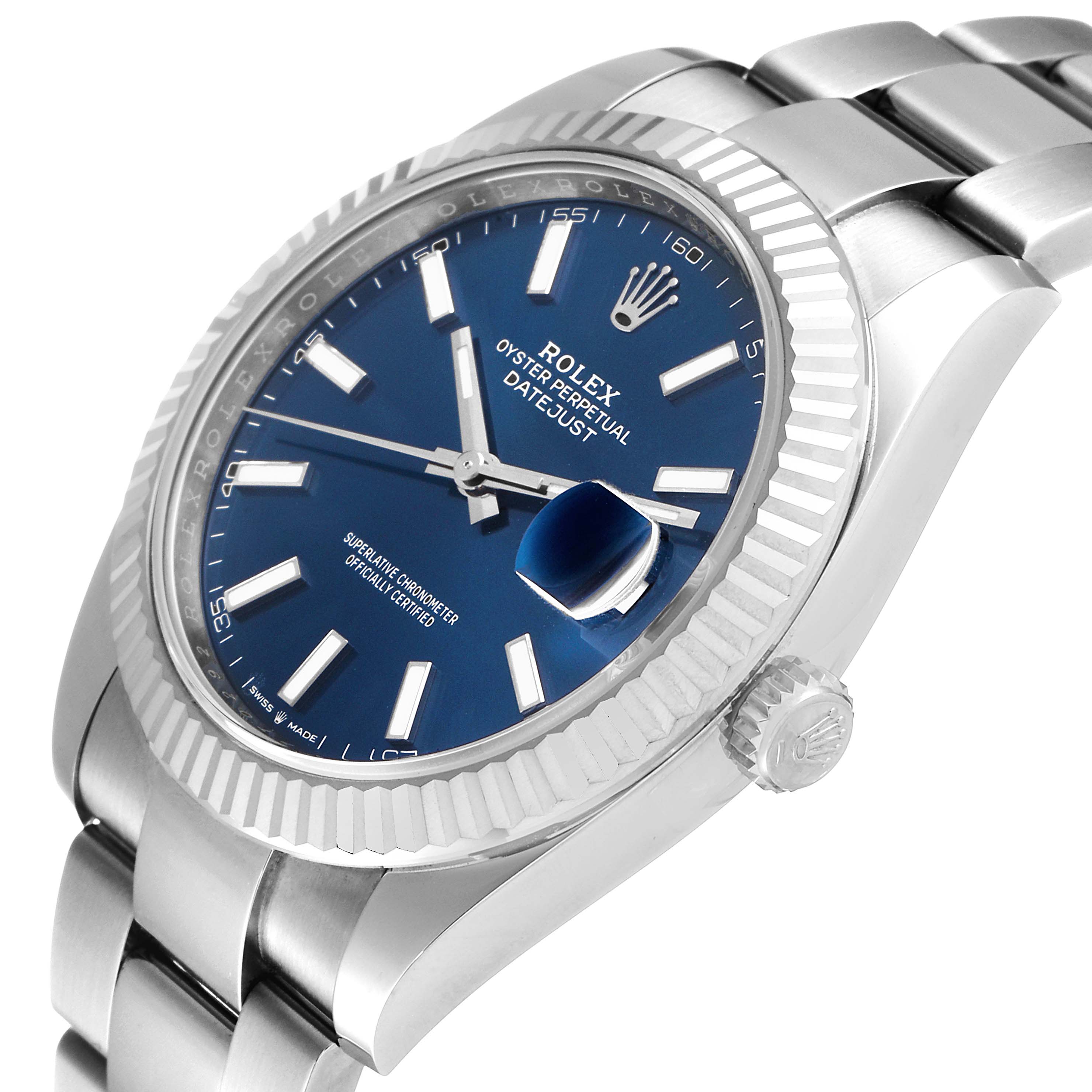 The Rolex Datejust 41 126334 Men
s Stainless Steel Blue Dial 126334 Men
s Stainless Steel Blue Dial watch is shown at an angle, highlighting its blue dial, fluted bezel, and part of the bracelet.