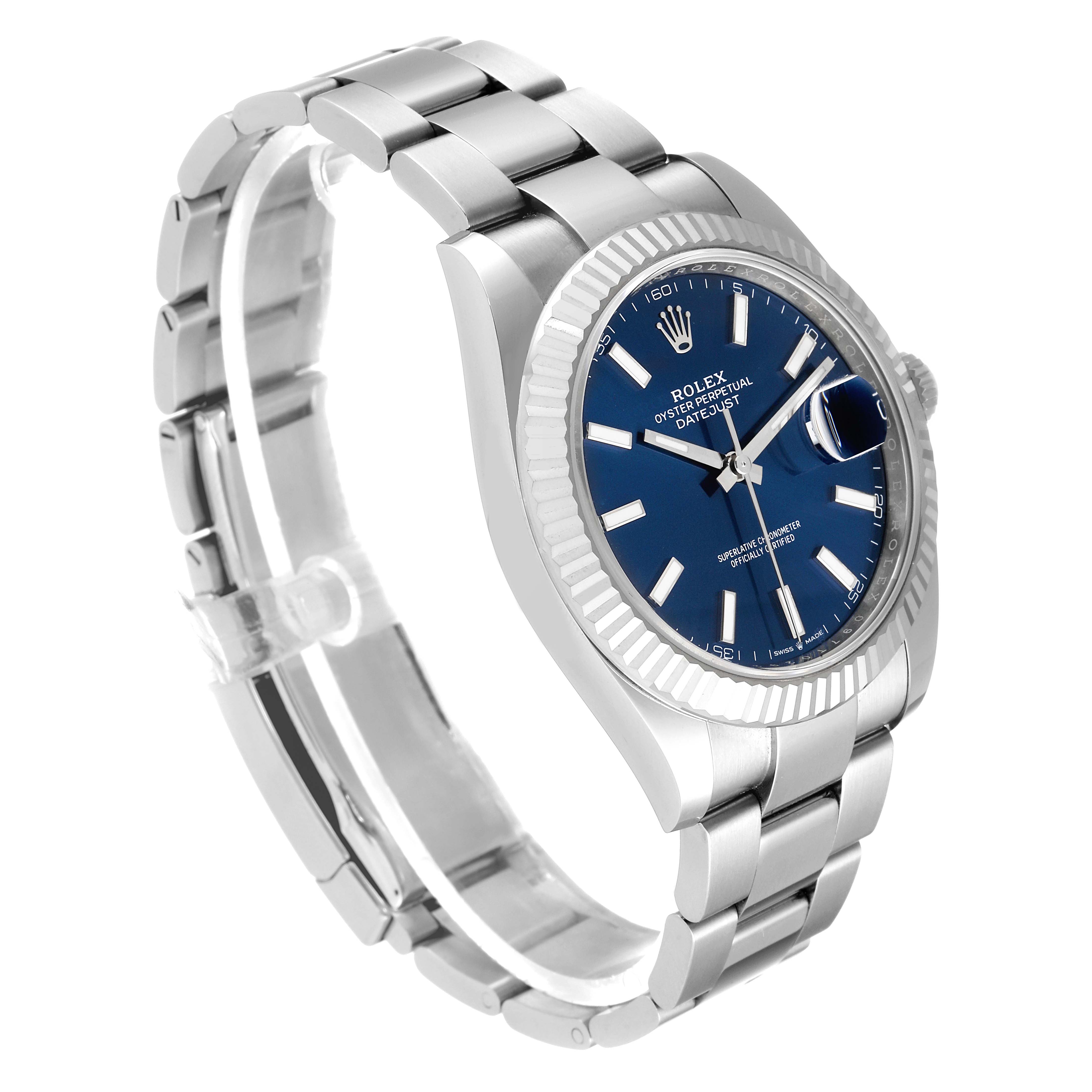 The Rolex Datejust 41 126334 Men
s Stainless Steel Blue Dial 126334 Men
s Stainless Steel Blue Dial model is shown at a slight angle, highlighting its blue dial, fluted bezel, and stainless steel bracelet.