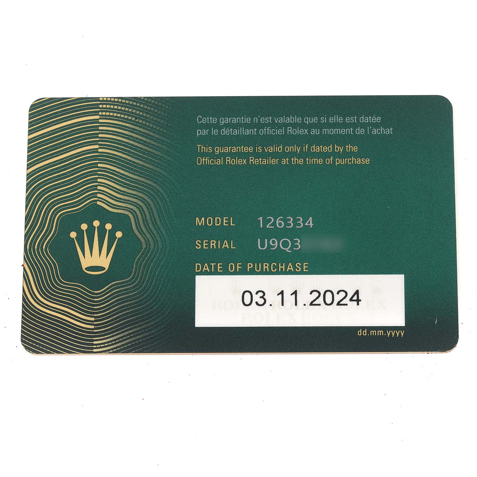 The image shows a Rolex guarantee card for the Datejust 41 model, displaying the model, serial number, and purchase date.