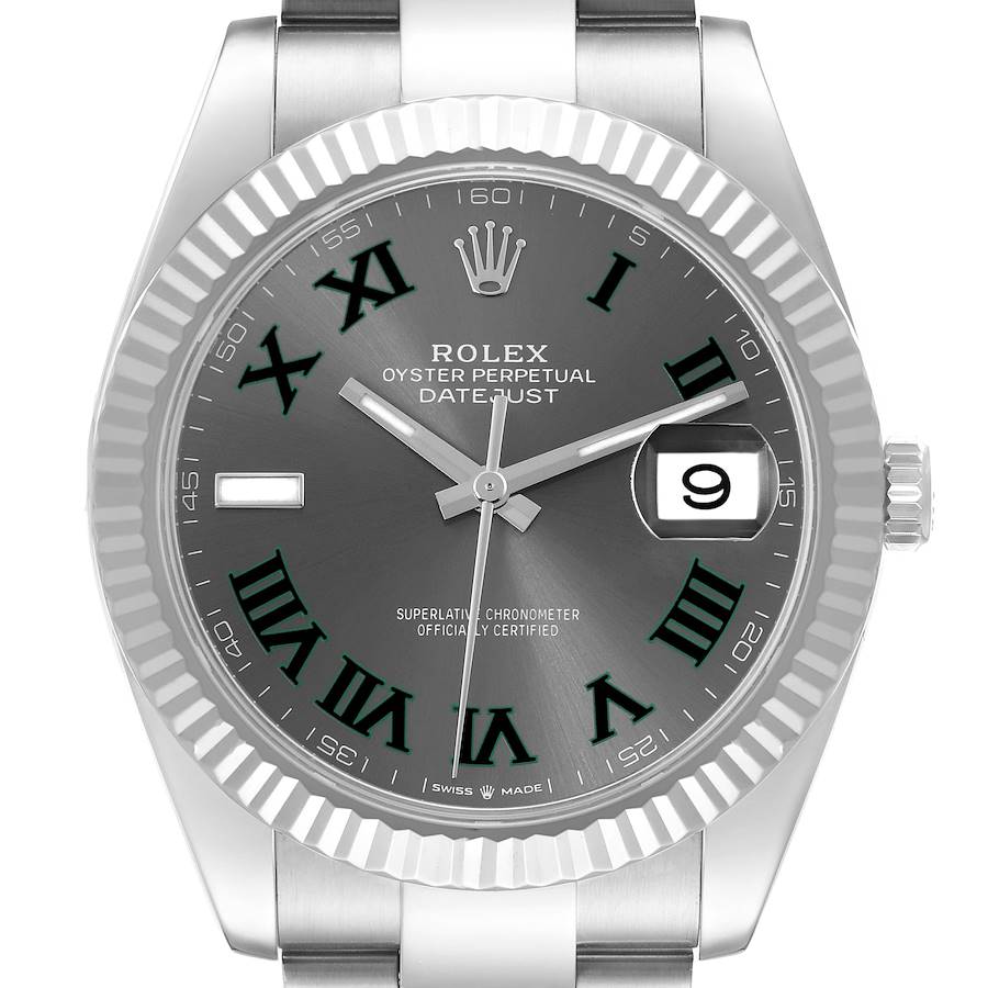 The image shows a close-up, front-facing view of the Rolex Datejust 41 watch, highlighting its fluted bezel, dial, and date window.