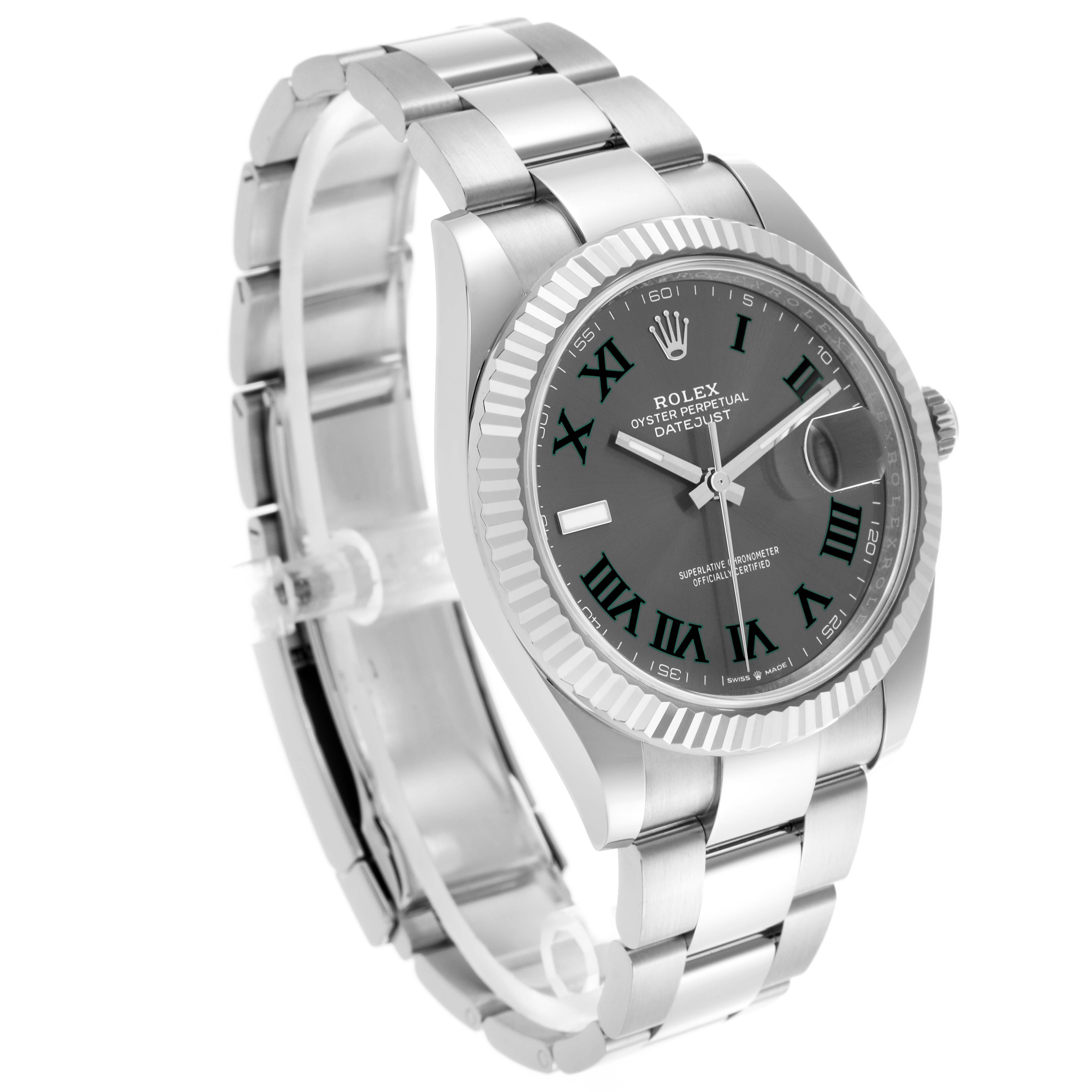 The Rolex Datejust 41 126334 Men's Stainless Steel Grey Dial 126334 Men's Stainless Steel Grey Dial is shown at a three-quarter angle, highlighting the dial, bezel, and part of the bracelet.