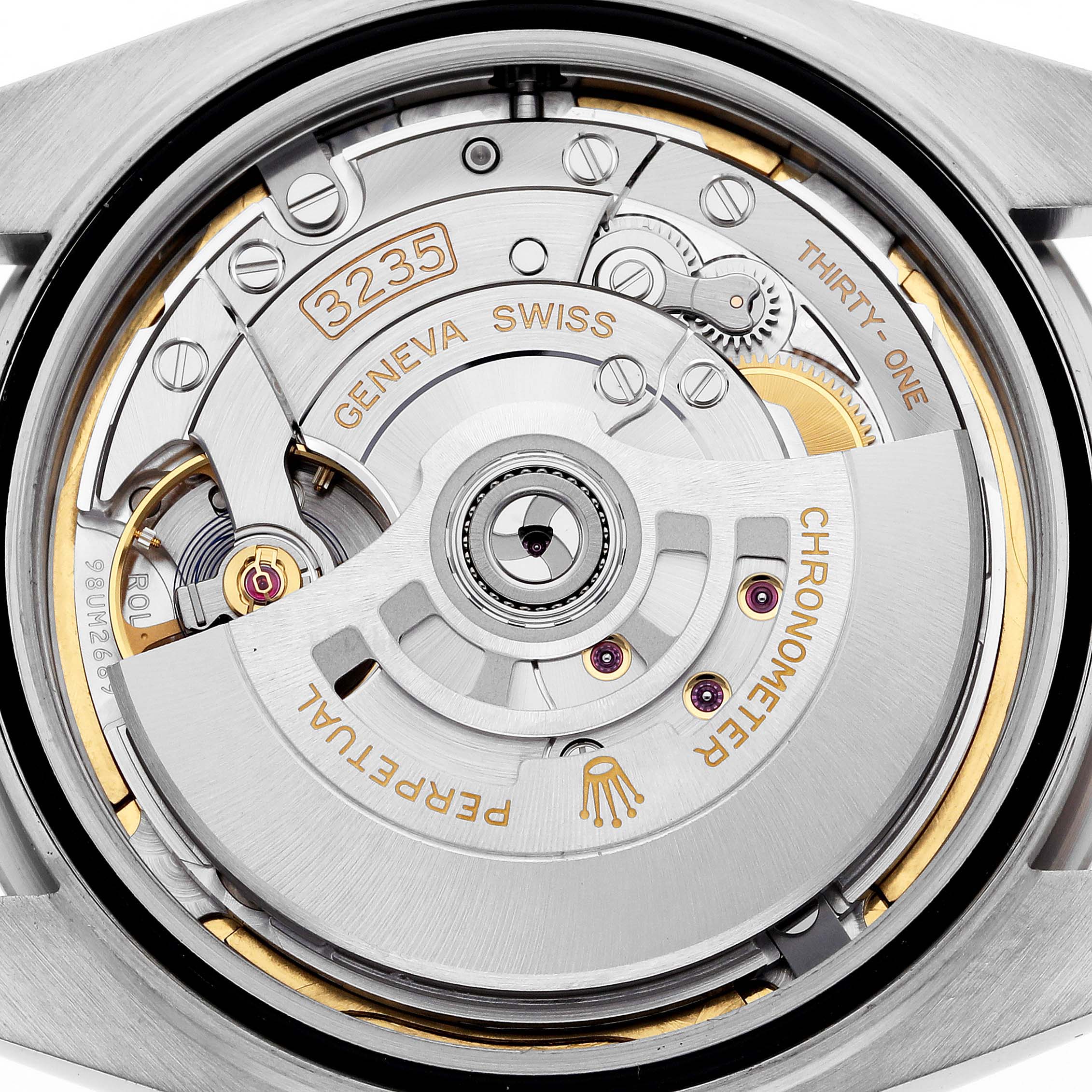 The image shows the movement of the Rolex Datejust 41 126334 Men's Stainless Steel Grey Dial 126334 Men's Stainless Steel Grey Dial, focusing on the intricate mechanics from the back angle.