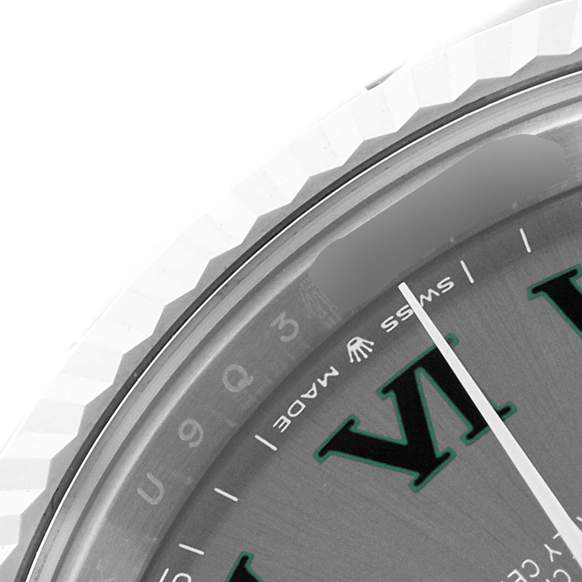 The image shows a partial view of the dial and fluted bezel of a Rolex Datejust 41 126334 Men's Stainless Steel Grey Dial 126334 Men's Stainless Steel Grey Dial.