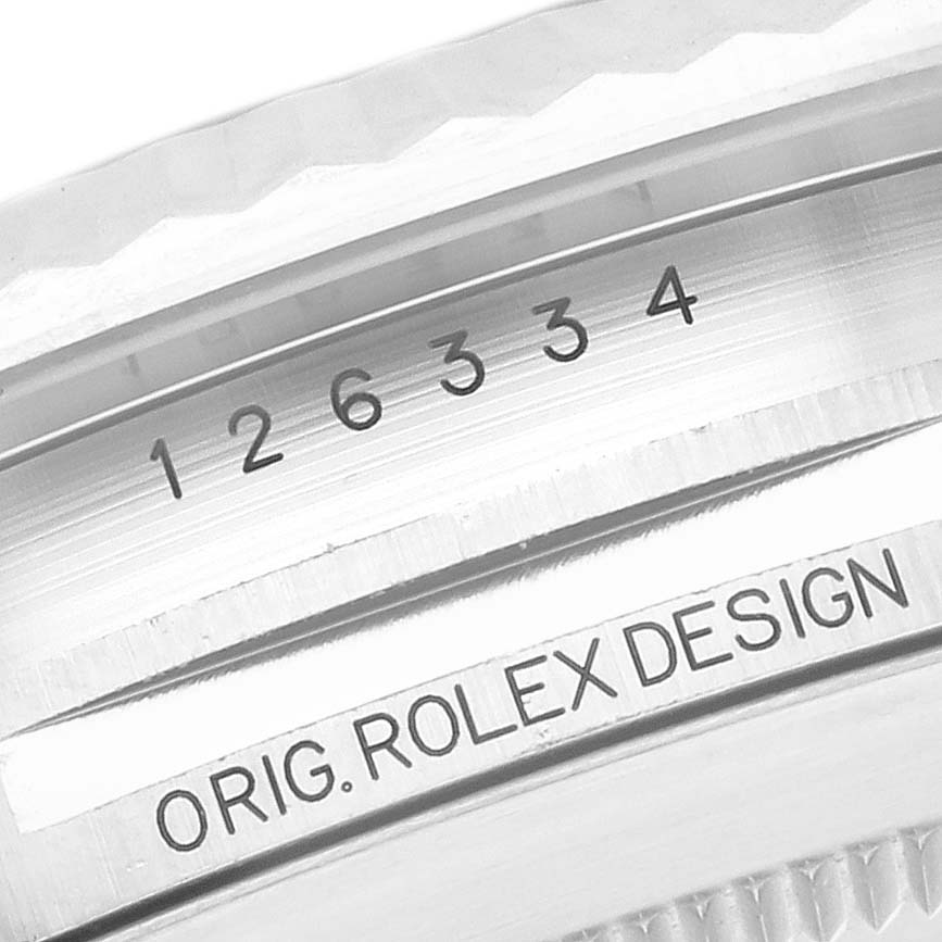 The image shows a close-up of the Rolex Datejust 41 126334 Men's Stainless Steel Grey Dial 126334 Men's Stainless Steel Grey Dial bezel and part of the case, displaying the model number and "ORIG. ROLEX DESIGN" engraving.