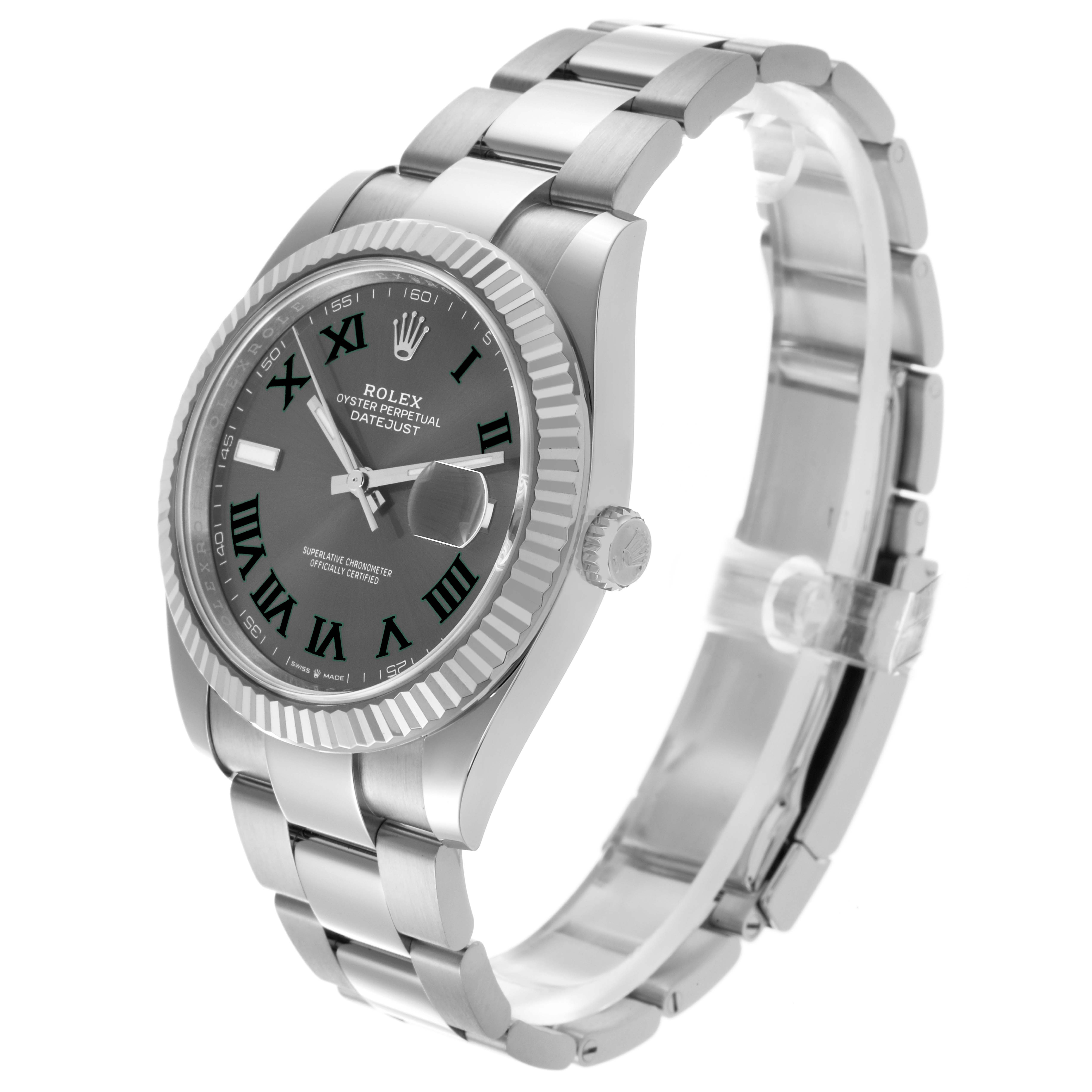 The Rolex Datejust 41 126334 Men's Stainless Steel Grey Dial 126334 Men's Stainless Steel Grey Dial is shown at a front-side angle, displaying the dial, fluted bezel, crown, and bracelet.
