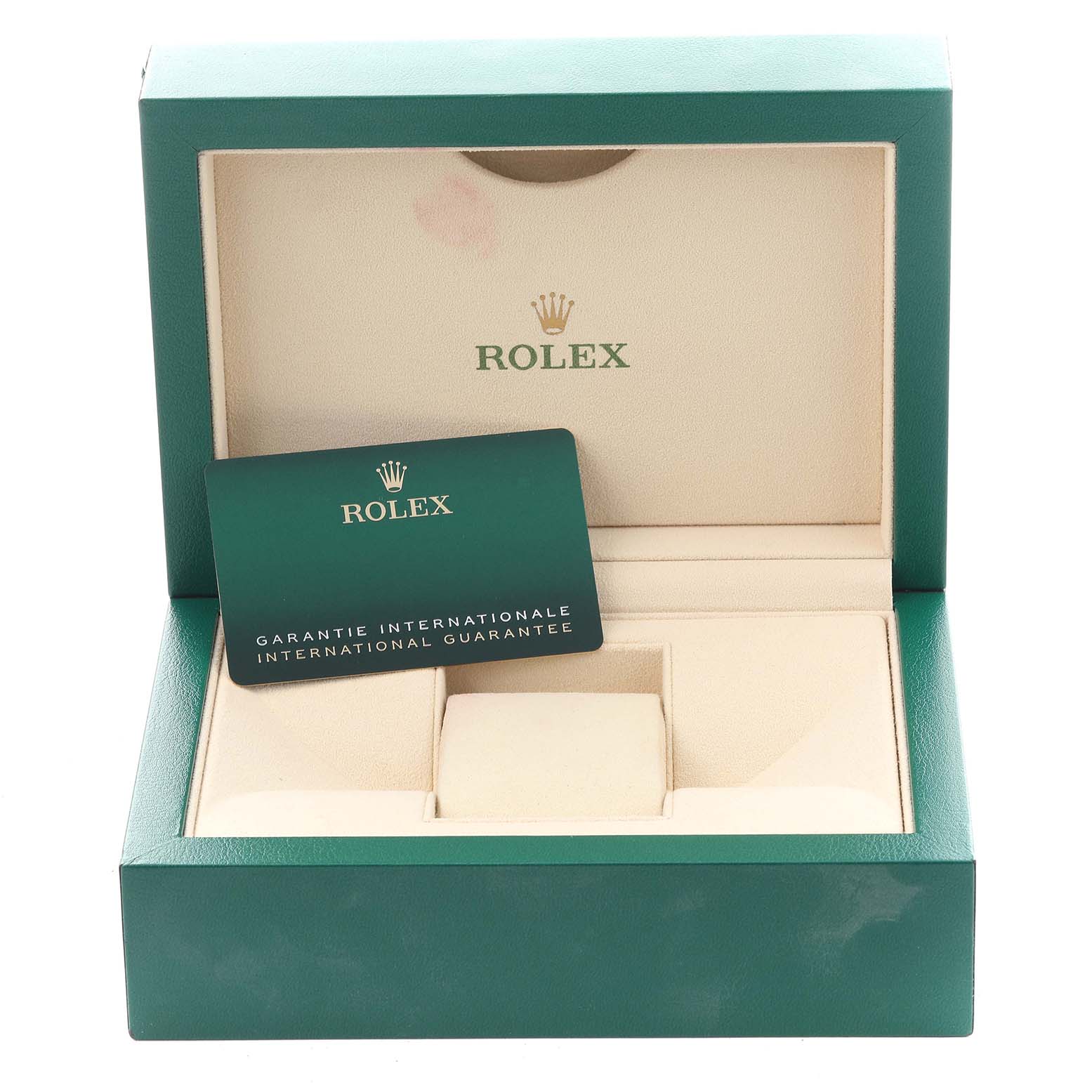 The image shows an open Rolex Datejust 41 126334 Men's Stainless Steel Grey Dial 126334 Men's Stainless Steel Grey Dial box with an international guarantee card displayed inside.