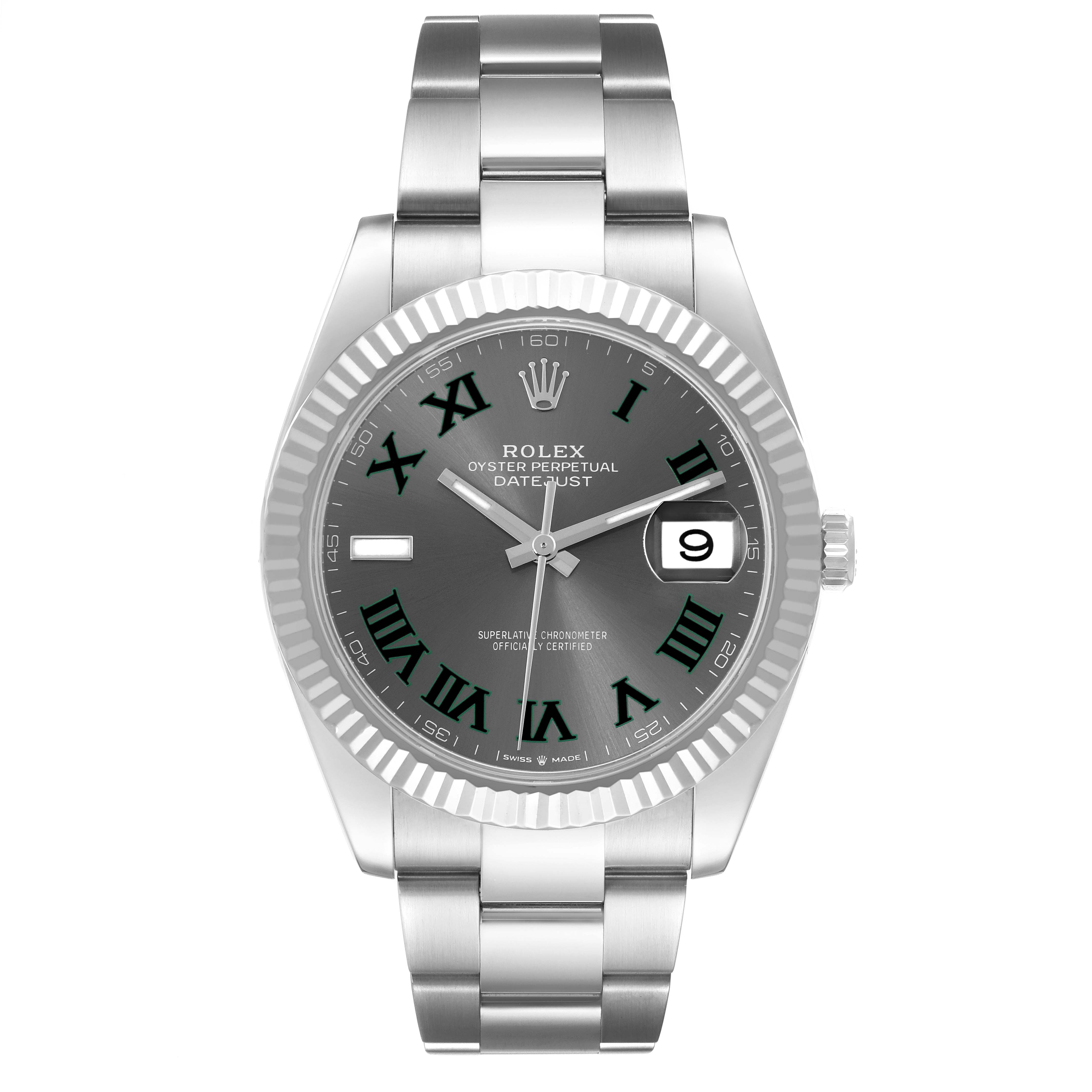 The Rolex Datejust 41 126334 Men's Stainless Steel Grey Dial 126334 Men's Stainless Steel Grey Dial watch is shown from a frontal angle, displaying its dial, fluted bezel, bracelet, and date window.