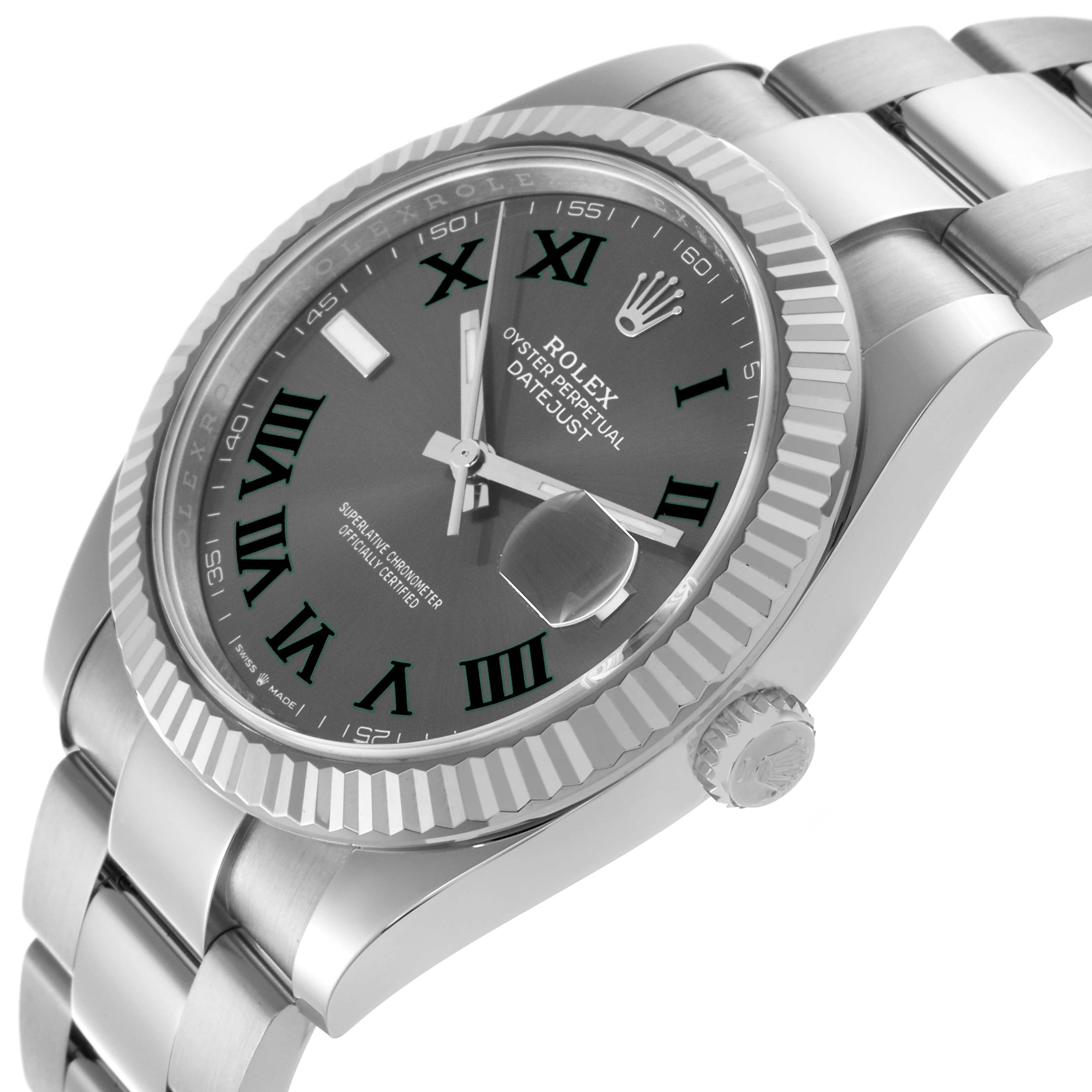 The Rolex Datejust 41 126334 Men's Stainless Steel Grey Dial 126334 Men's Stainless Steel Grey Dial is shown at an angled side view, highlighting the bezel, crown, and bracelet.