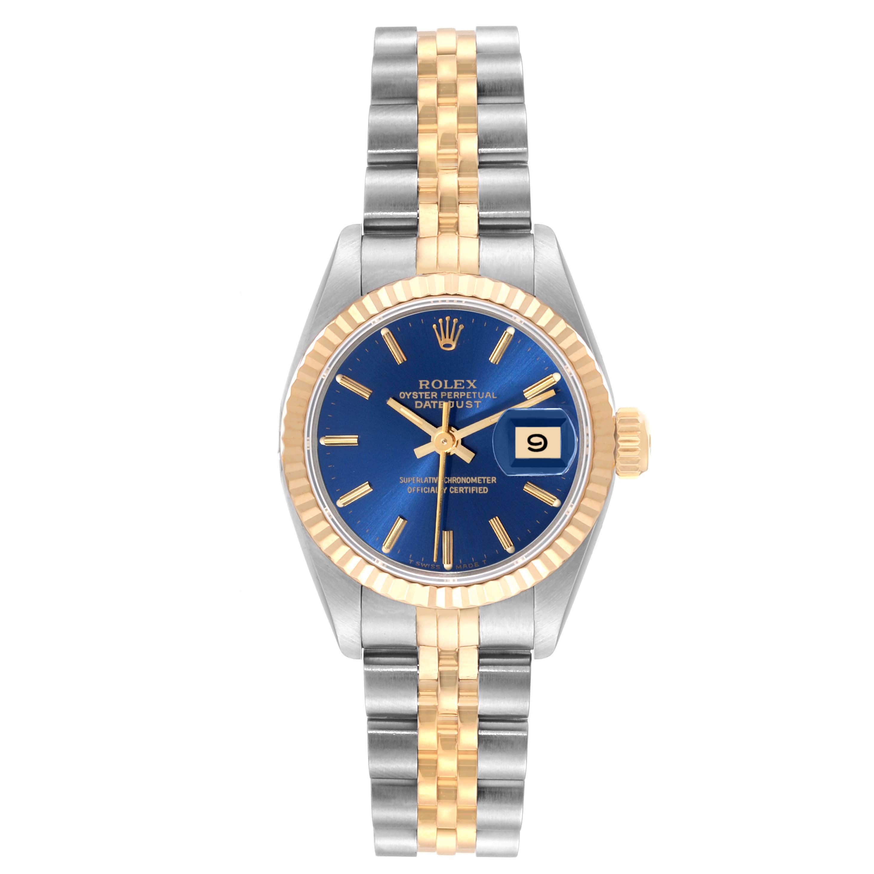 The Rolex Datejust 69173 Women's Steel and Gold (two tone) Blue Dial 69173 Women's Steel and Gold (two tone) Blue Dial watch is shown from a top view, displaying its face, bezel, crown, and two-tone bracelet.