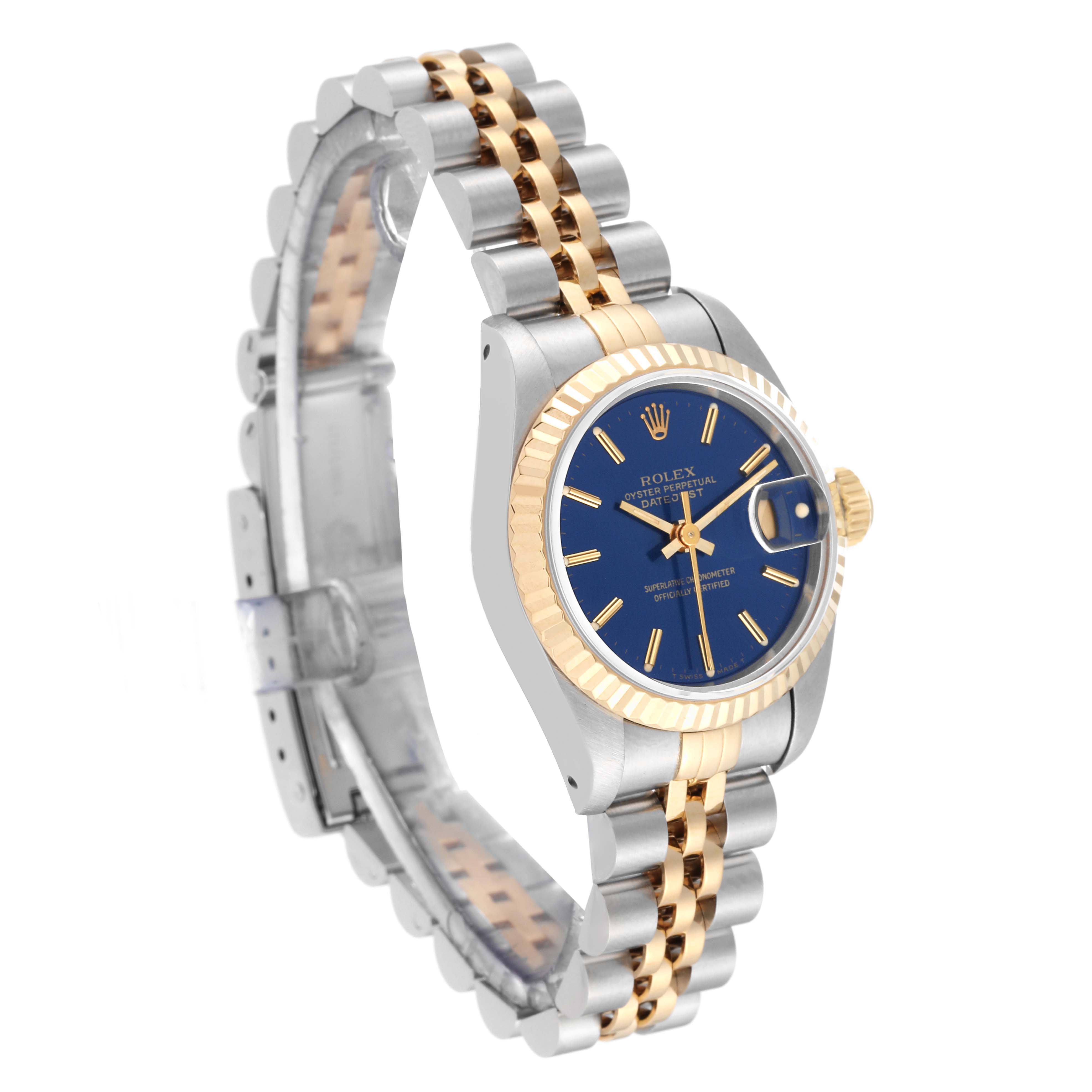 The Rolex Datejust 69173 Women's Steel and Gold (two tone) Blue Dial 69173 Women's Steel and Gold (two tone) Blue Dial watch is shown at a 3/4 angle, highlighting the two-tone bracelet, fluted bezel, and blue dial with date window.