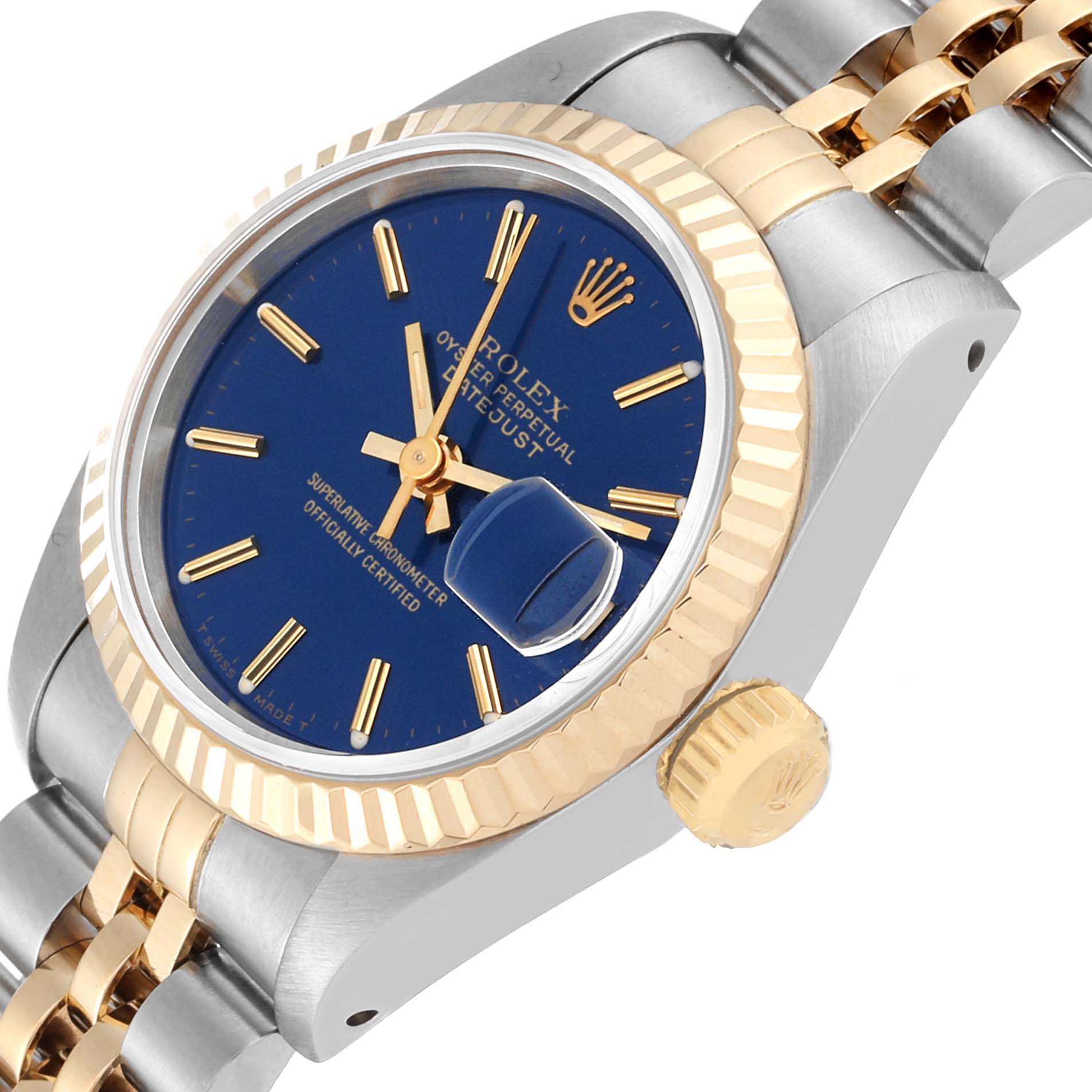 This image shows a close-up angled view of a Rolex Datejust 69173 Women's Steel and Gold (two tone) Blue Dial 69173 Women's Steel and Gold (two tone) Blue Dial watch with a blue dial, gold markers, and a two-tone bracelet.