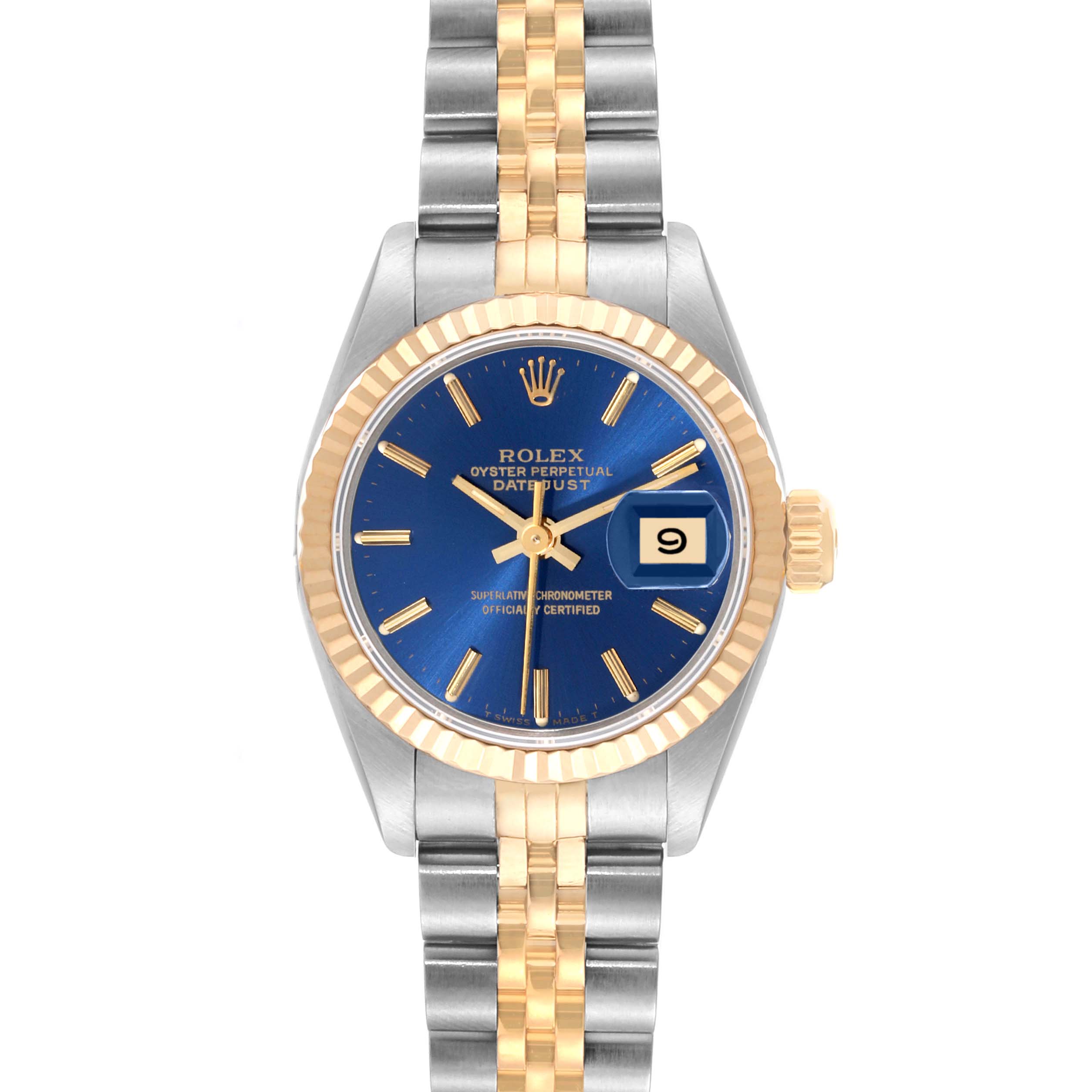 The image shows a front view of a Rolex Datejust 69173 Women's Steel and Gold (two tone) Blue Dial 69173 Women's Steel and Gold (two tone) Blue Dial watch with a blue dial, gold fluted bezel, and a two-tone metal bracelet.