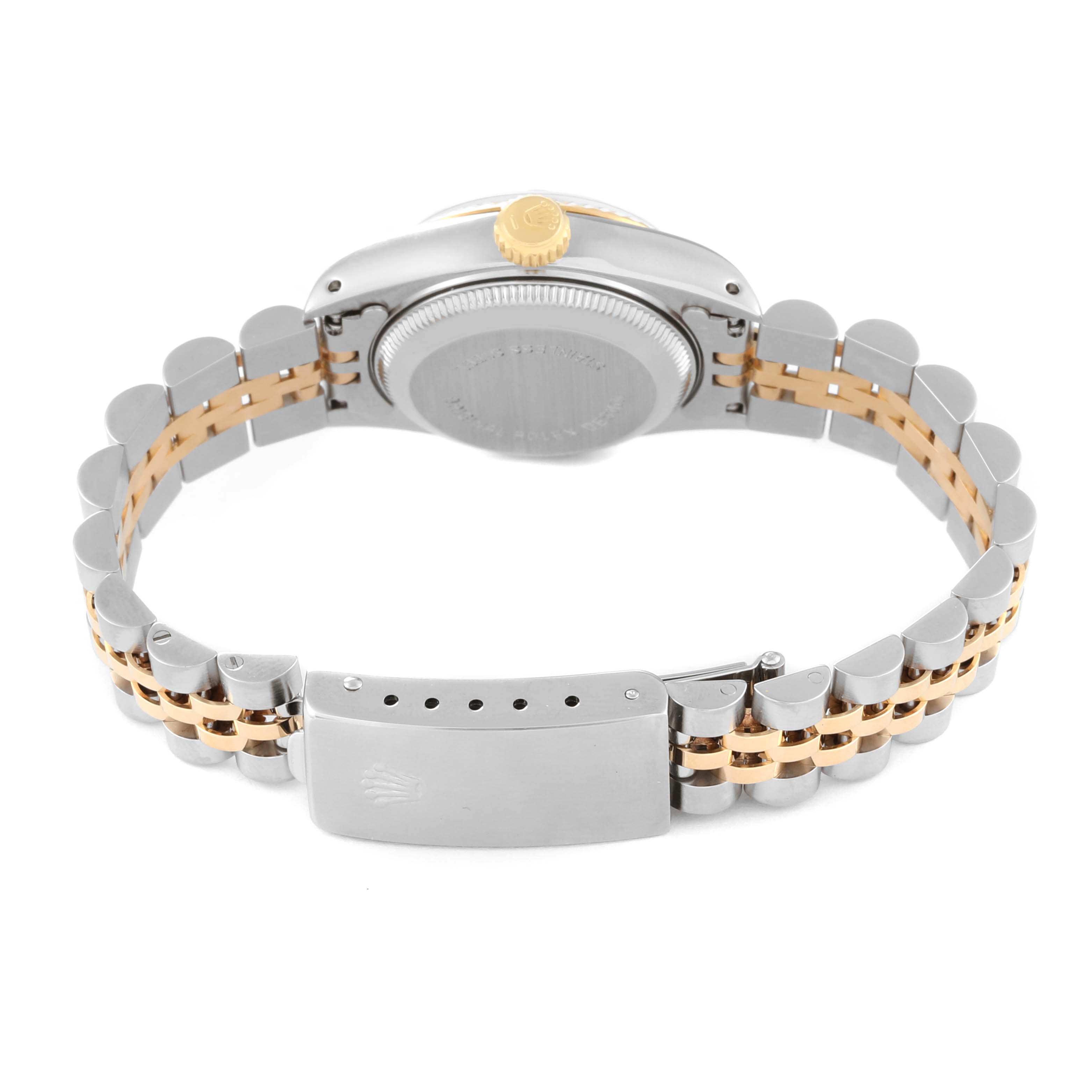 The image shows the back view of a Rolex Datejust 69173 Women's Steel and Gold (two tone) Blue Dial 69173 Women's Steel and Gold (two tone) Blue Dial watch, featuring the clasp, bracelet, and case back.