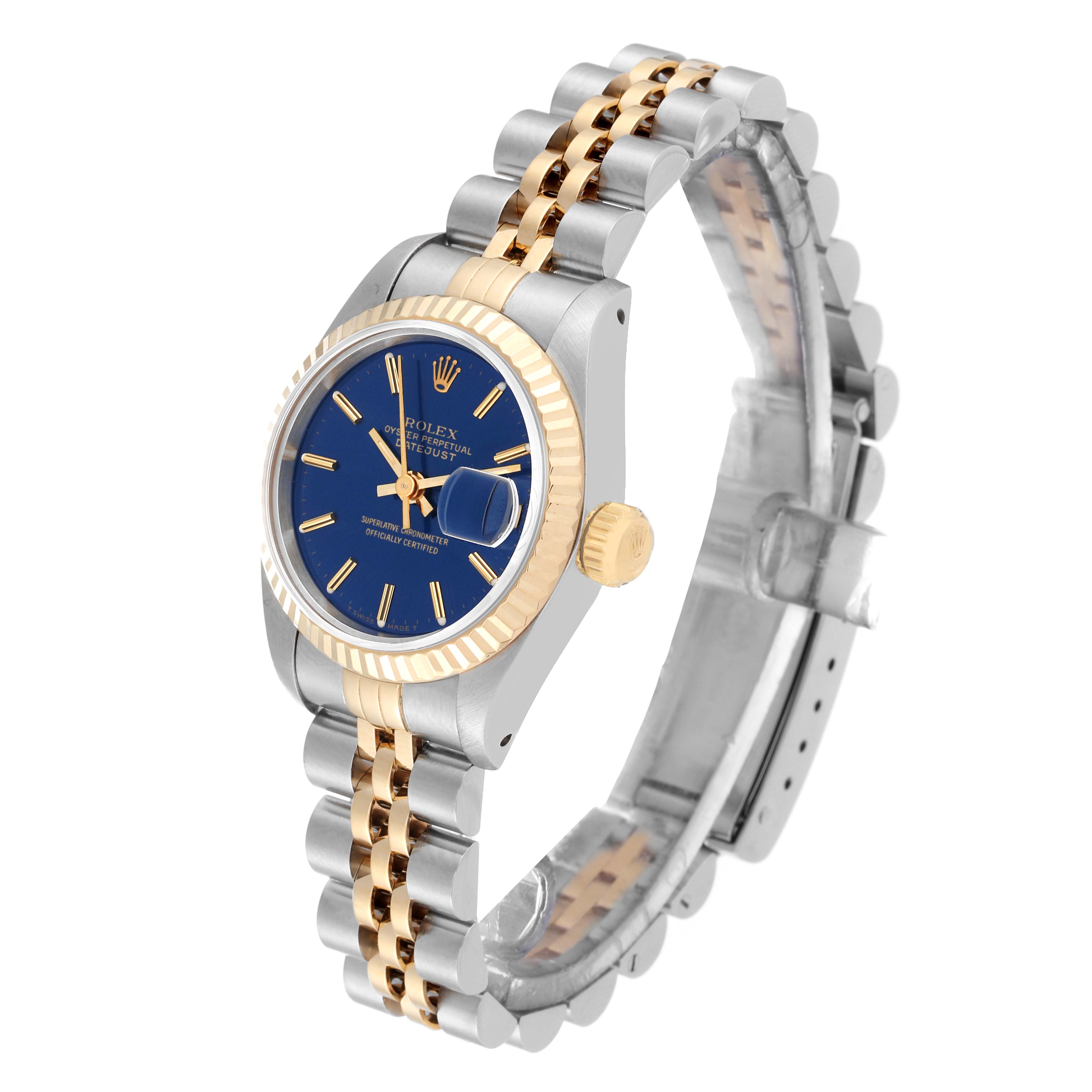 The image shows a Rolex Datejust 69173 Women's Steel and Gold (two tone) Blue Dial 69173 Women's Steel and Gold (two tone) Blue Dial watch at an angle highlighting the case, dial, bezel, bracelet, and crown.