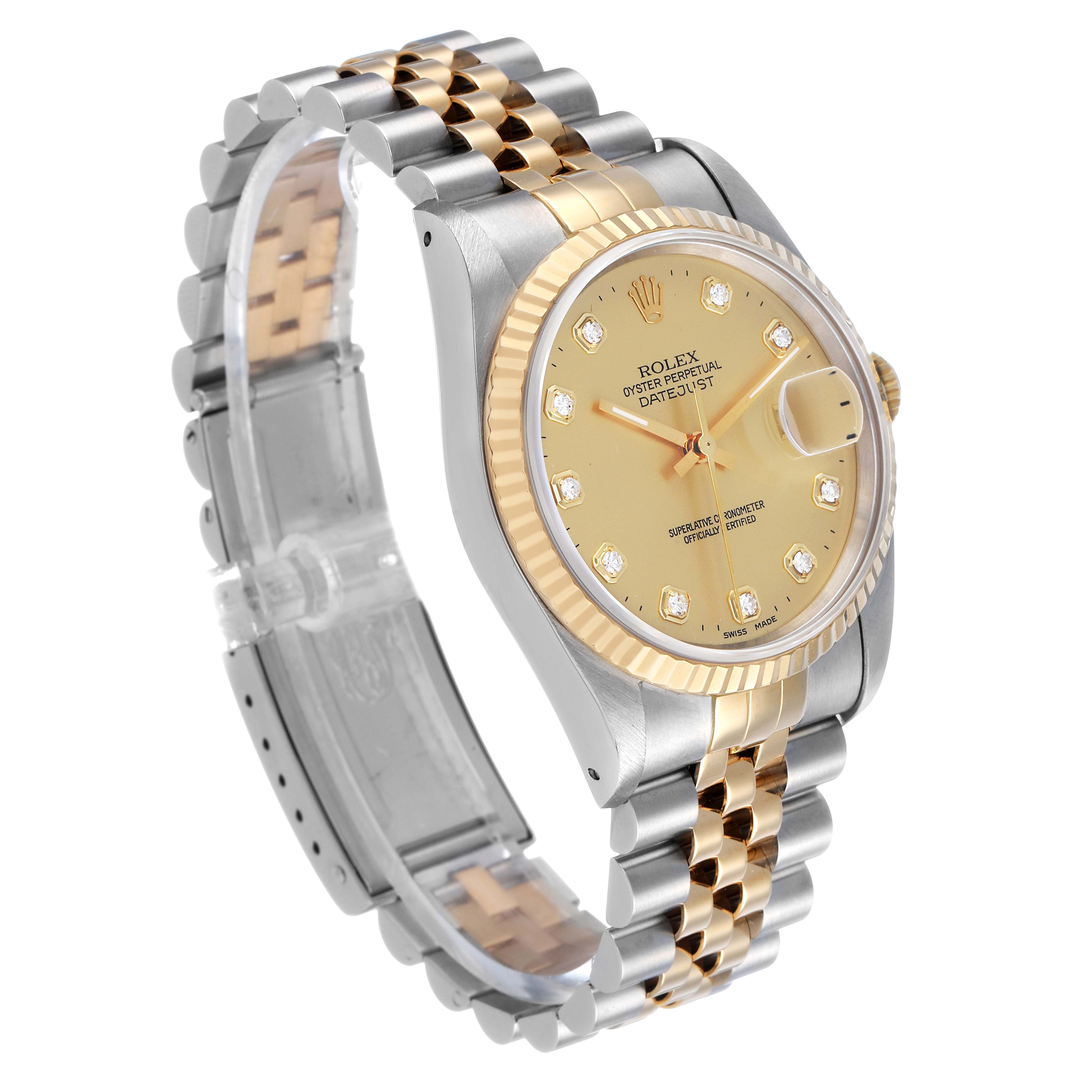 The Rolex Datejust 16233 Men's Steel and Gold (two tone) Champagne Dial watch is shown at a three-quarter angle, highlighting the dial, bezel, and part of the bracelet.