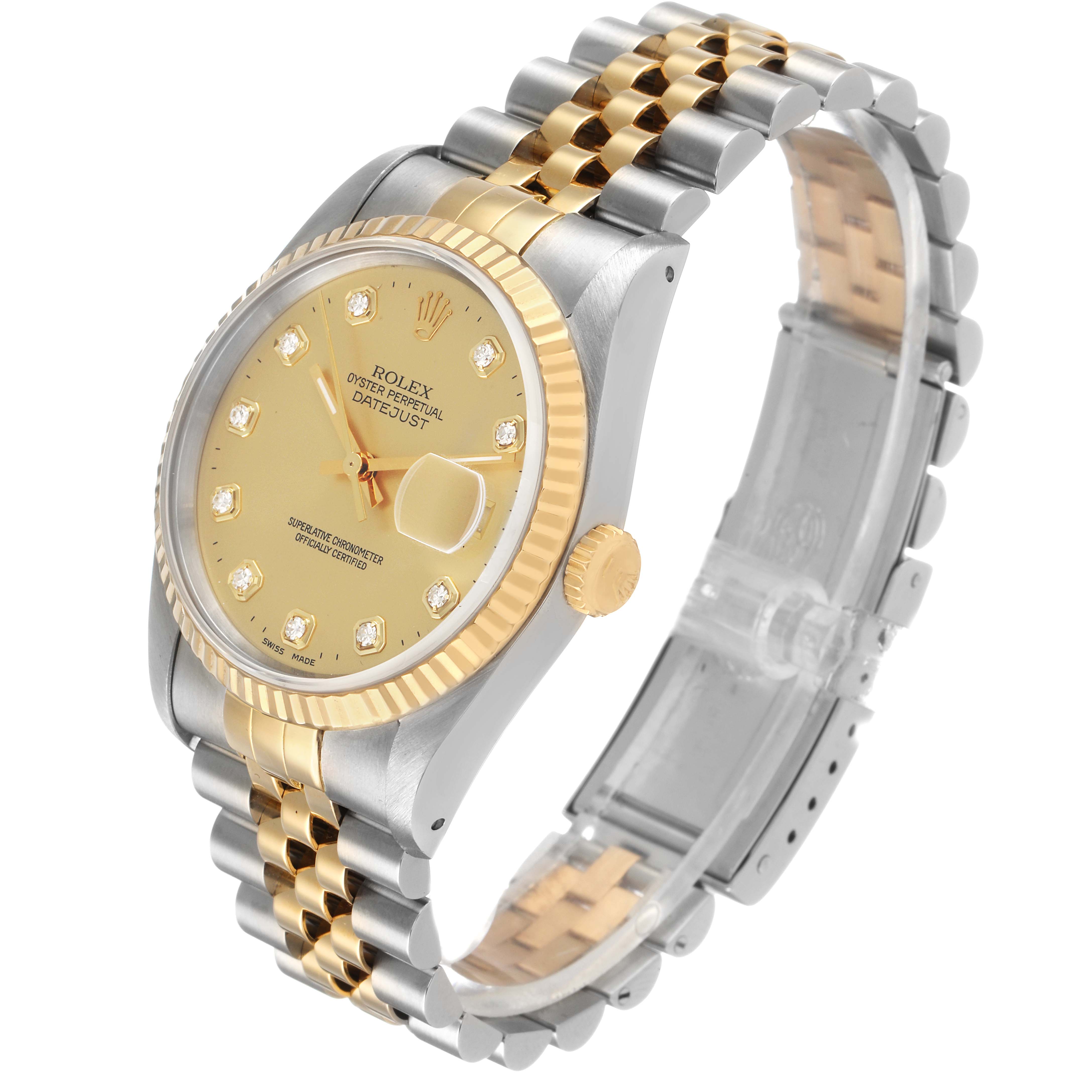 The Rolex Datejust 16233 Men's Steel and Gold (two tone) Champagne Dial watch is angled to show the face, bezel, crown, and part of the bracelet clearly.