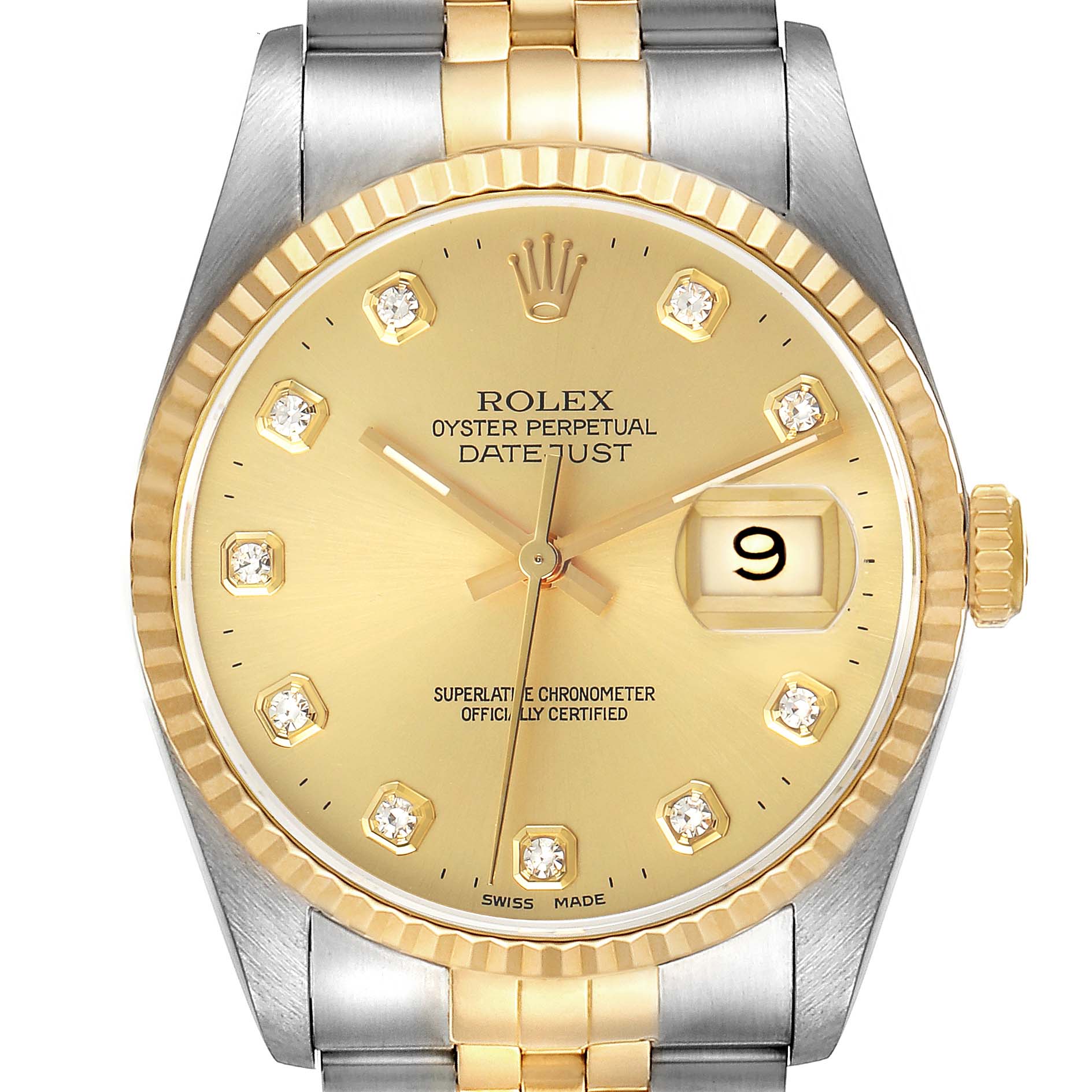 The Rolex Datejust 16233 Men's Steel and Gold (two tone) Champagne Dial watch is shown from a front view, featuring its dial, fluted bezel, and part of the bracelet.