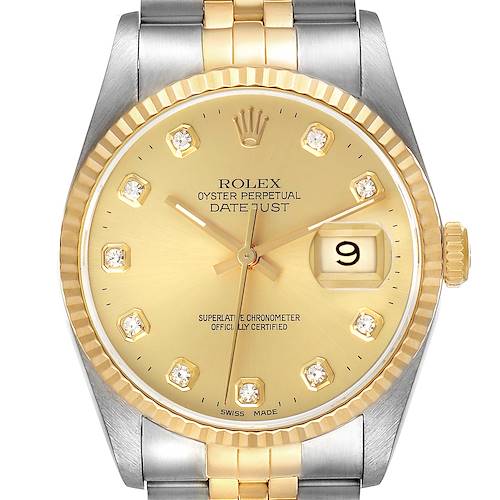 The Rolex Datejust 16233 Men's Steel and Gold (two tone) Champagne Dial is shown from a front angle, highlighting its gold dial, diamond markers, bezel, and crown.