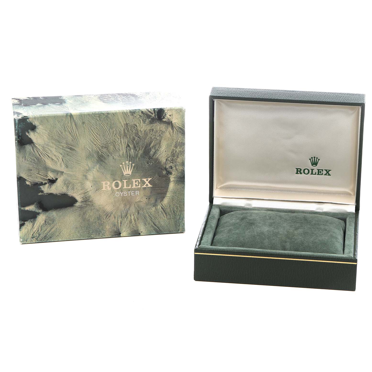 The image shows a Rolex Datejust 16233 Men's Steel and Gold (two tone) Champagne Dial box and its open case, displaying the inner lining and cushion.