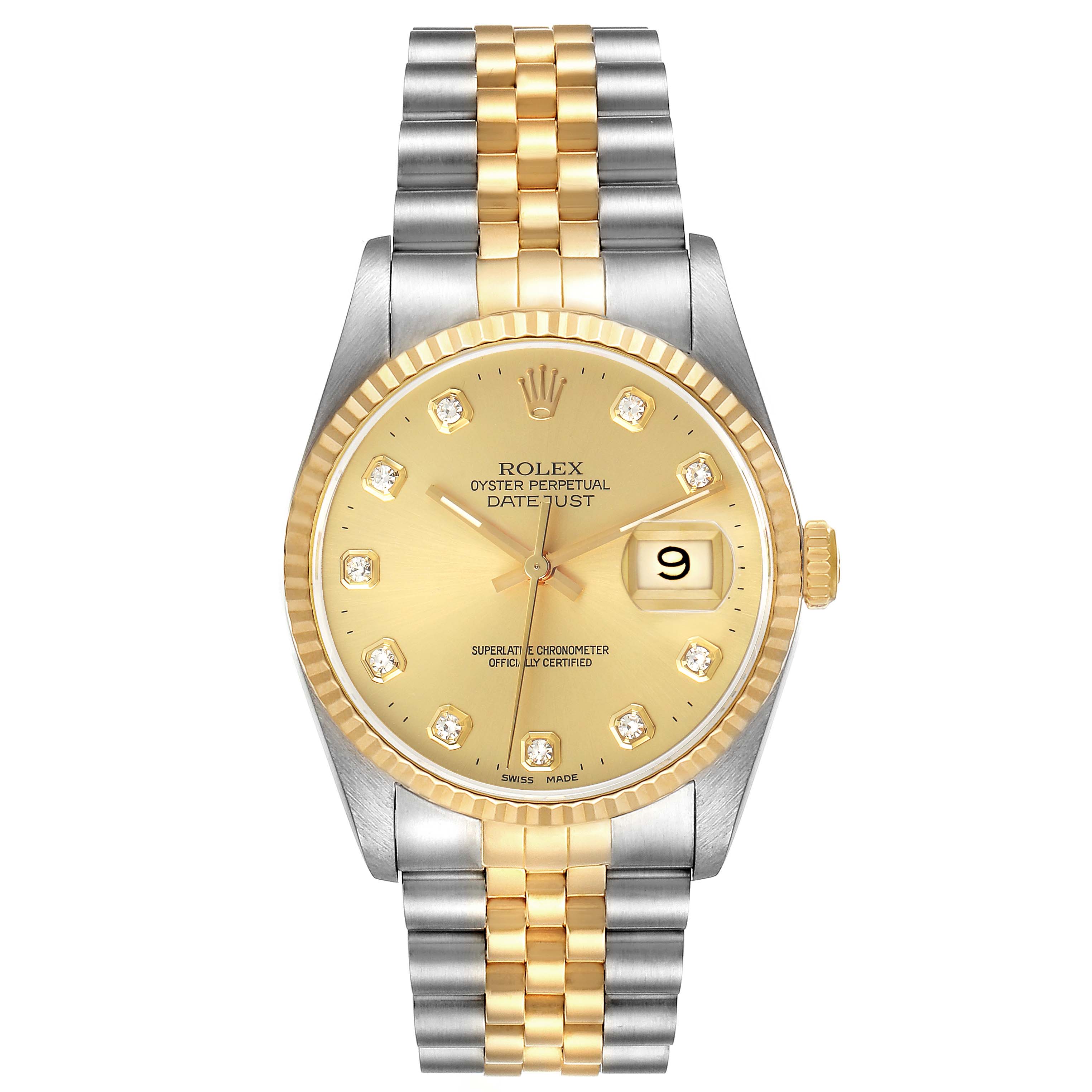 The Rolex Datejust 16233 Men's Steel and Gold (two tone) Champagne Dial watch is shown from a top-down angle, highlighting the face, bezel, and bracelet.