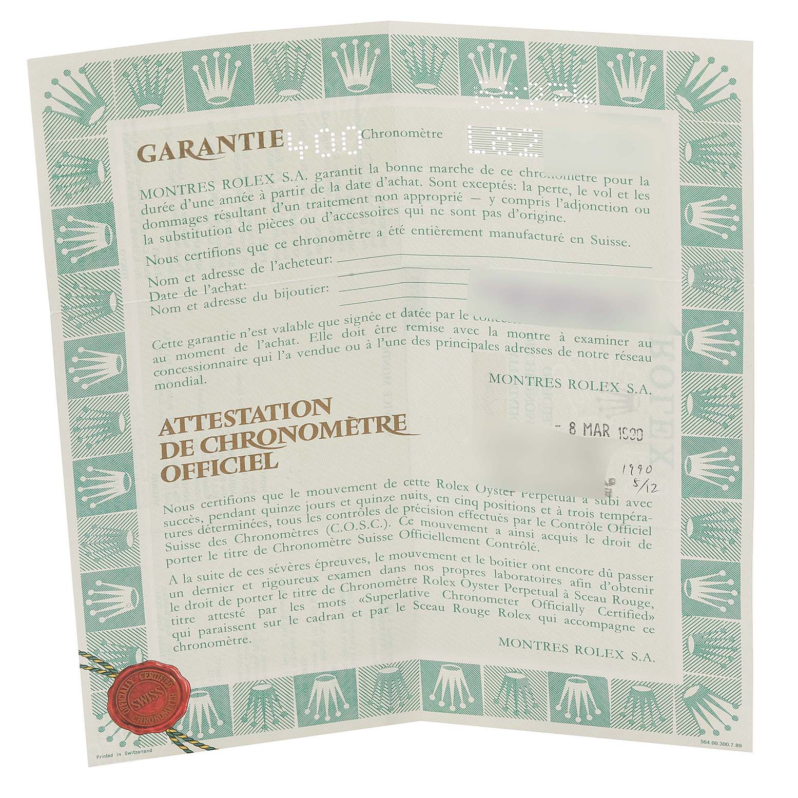 The image shows a Rolex Mid-Size 68274 Women
s Stainless Steel Silver Dial 68274 Women
s Stainless Steel Silver Dial model
s warranty and chronometer certificate from an angled perspective.