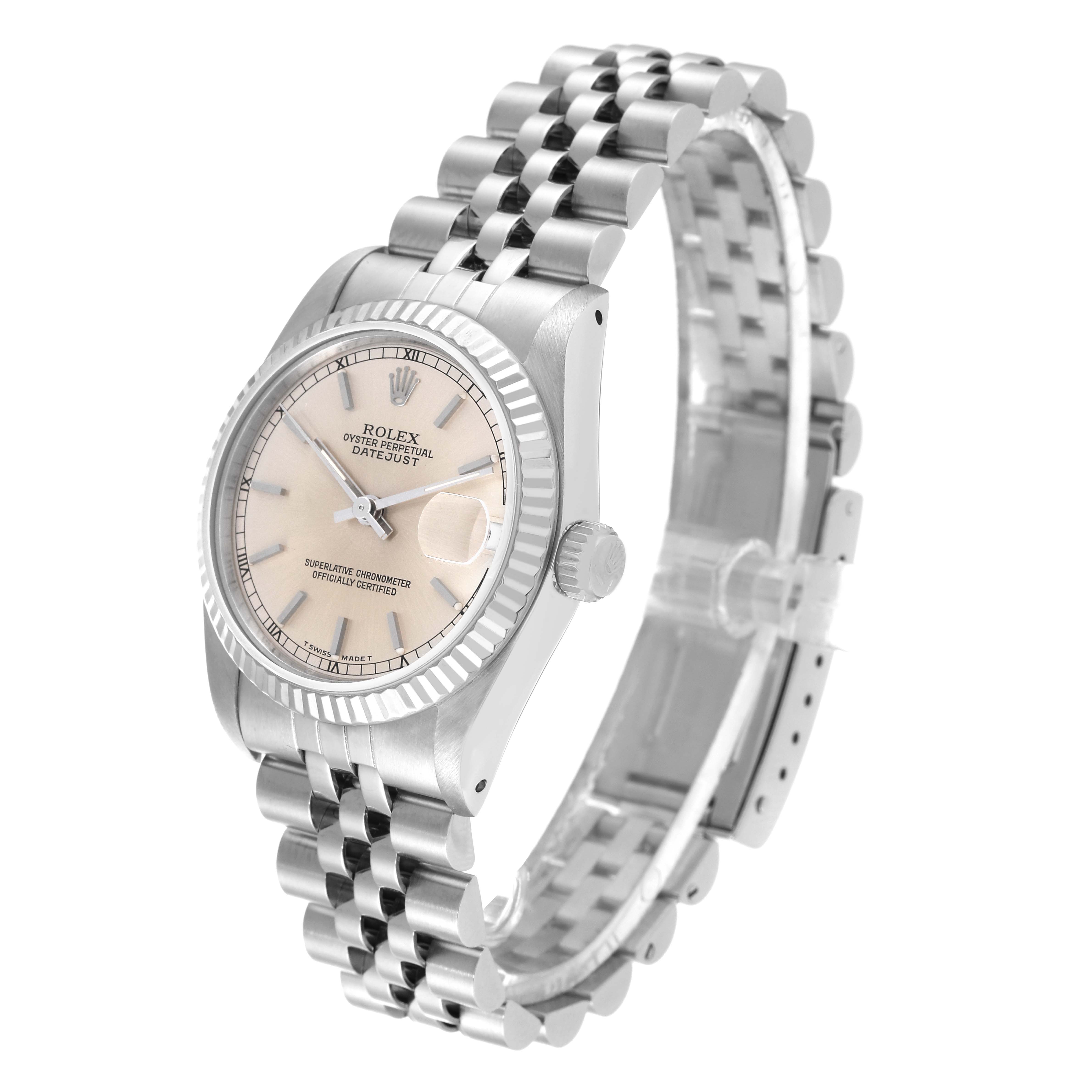 This is a mid-size Rolex Datejust Oyster Perpetual watch shown from a three-quarter angle, highlighting its bezel, dial, and bracelet.