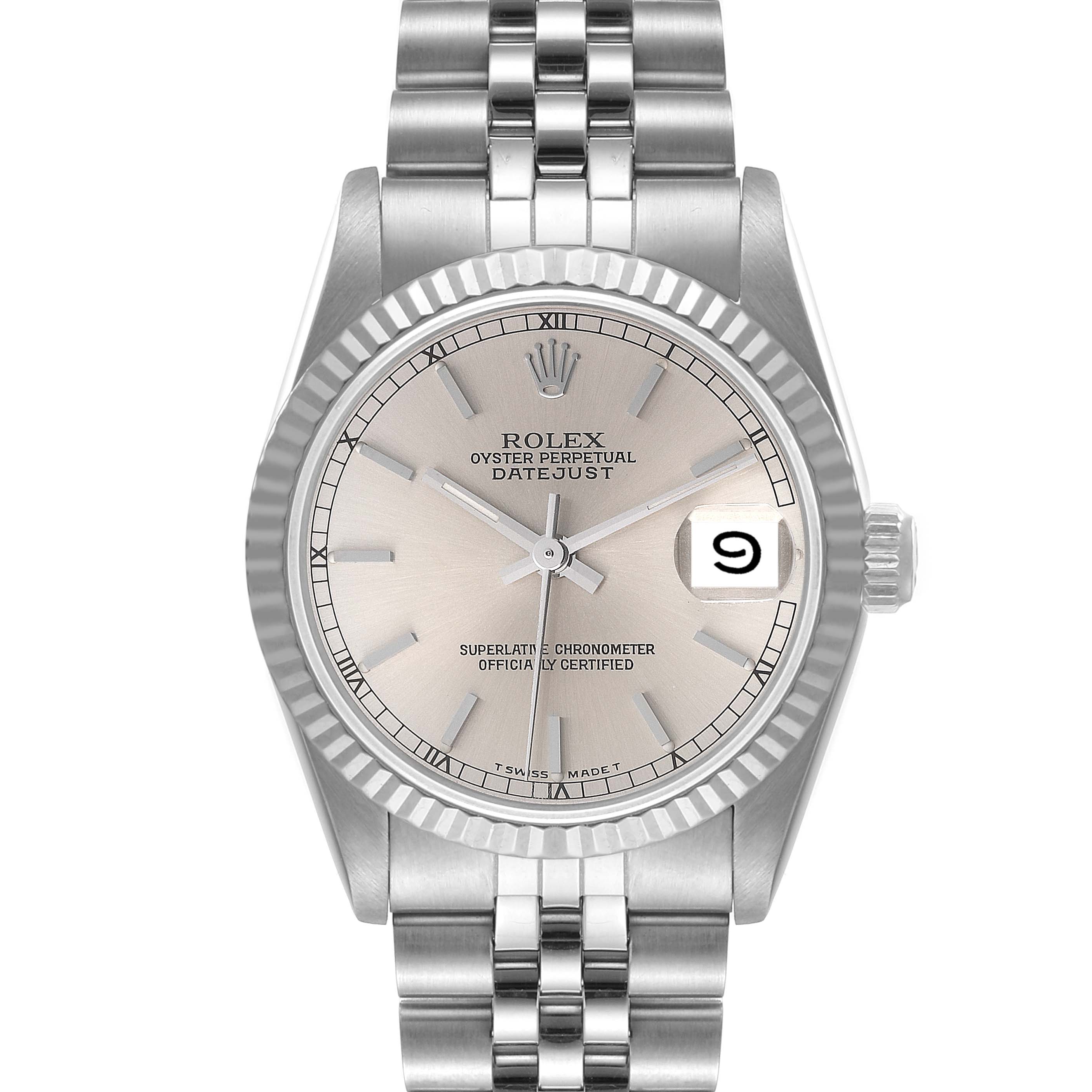 This image shows a front view of the Rolex Mid-Size 68274 Women
s Stainless Steel Silver Dial 68274 Women
s Stainless Steel Silver Dial Oyster Perpetual Datejust watch displaying its face and bracelet.
