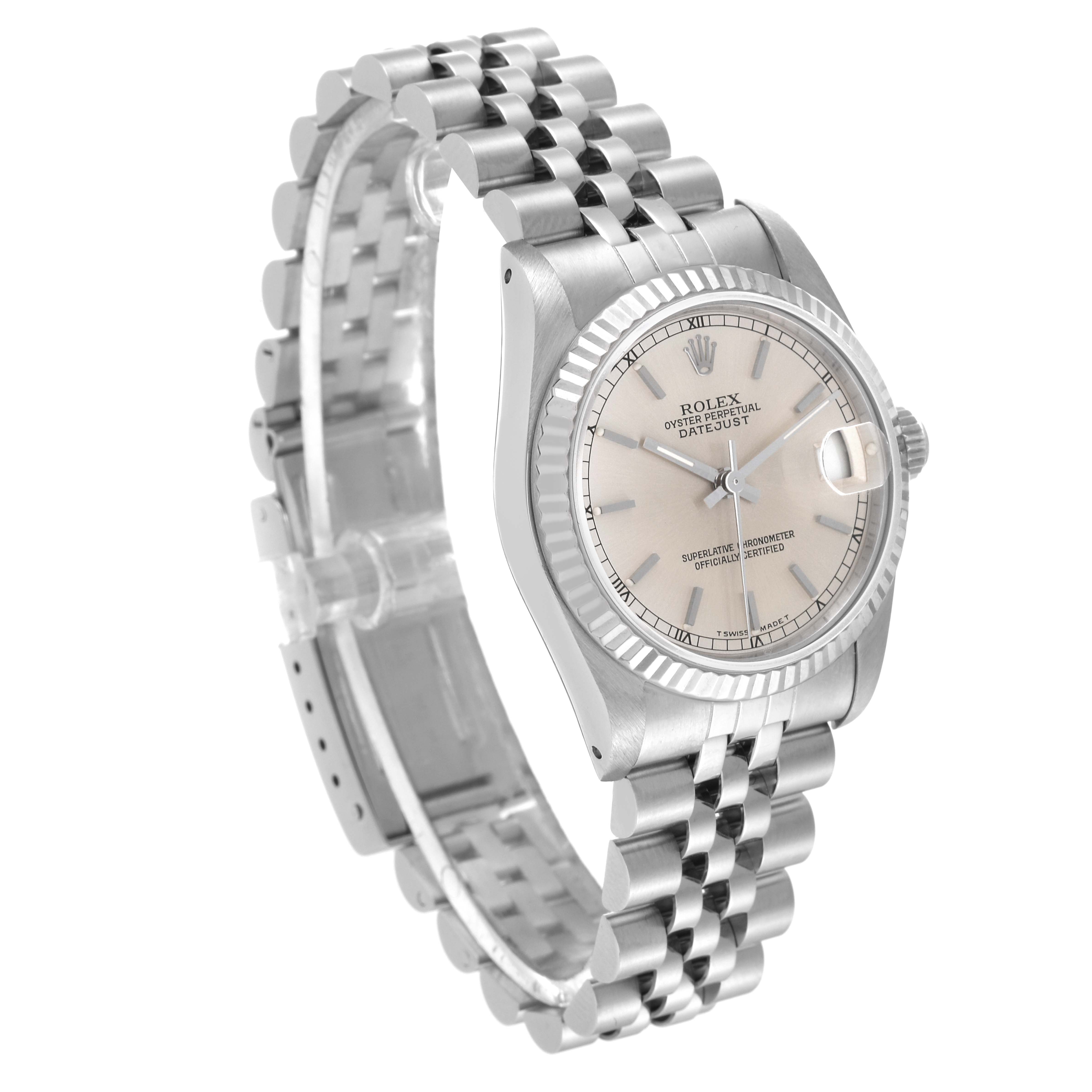 The Rolex Mid-Size 68274 Women
s Stainless Steel Silver Dial 68274 Women
s Stainless Steel Silver Dial model watch is shown at a front angle, displaying the face, bezel, and bracelet.