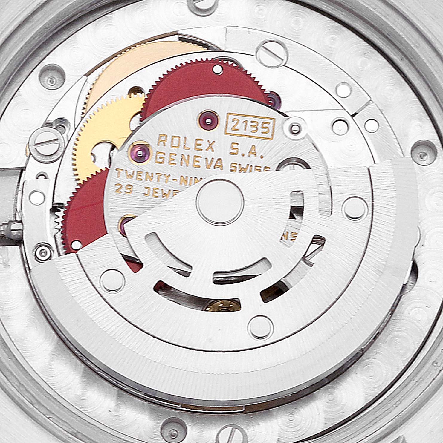 This image shows the movement and inner mechanics of a Rolex Mid-Size 68274 Women
s Stainless Steel Silver Dial 68274 Women
s Stainless Steel Silver Dial model from a top-down angle.