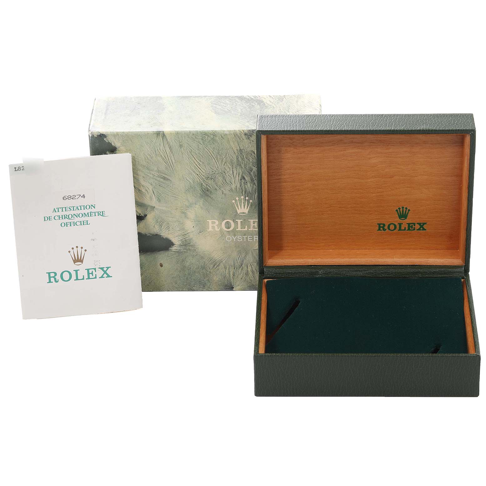 The image shows a Rolex Mid-Size 68274 Women
s Stainless Steel Silver Dial 68274 Women
s Stainless Steel Silver Dial watch box, warranty booklet, and the outer packaging from the front angle.
