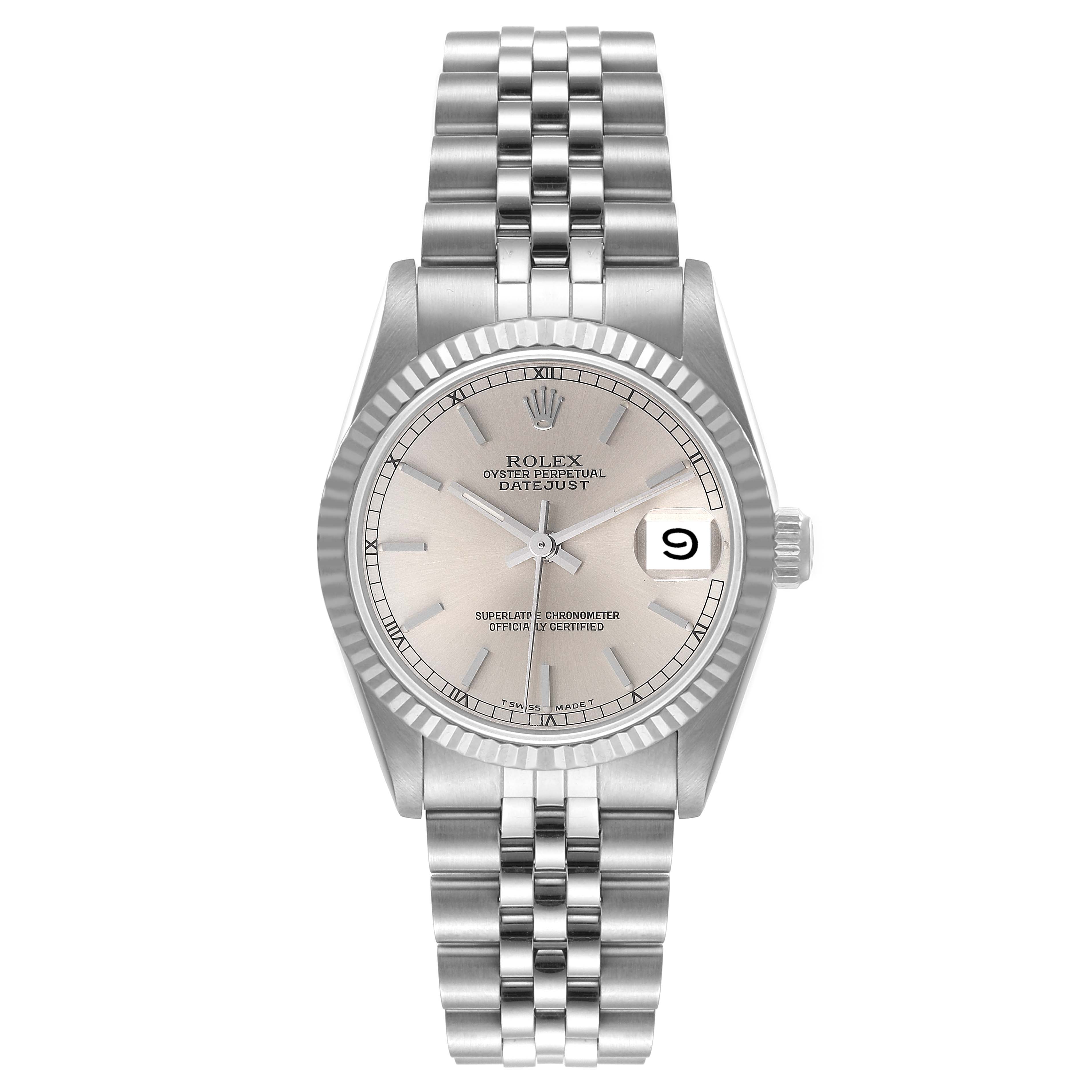 The image shows a Rolex Mid-Size 68274 Women
s Stainless Steel Silver Dial 68274 Women
s Stainless Steel Silver Dial Datejust watch from a front angle, displaying the dial, bracelet, and crown.