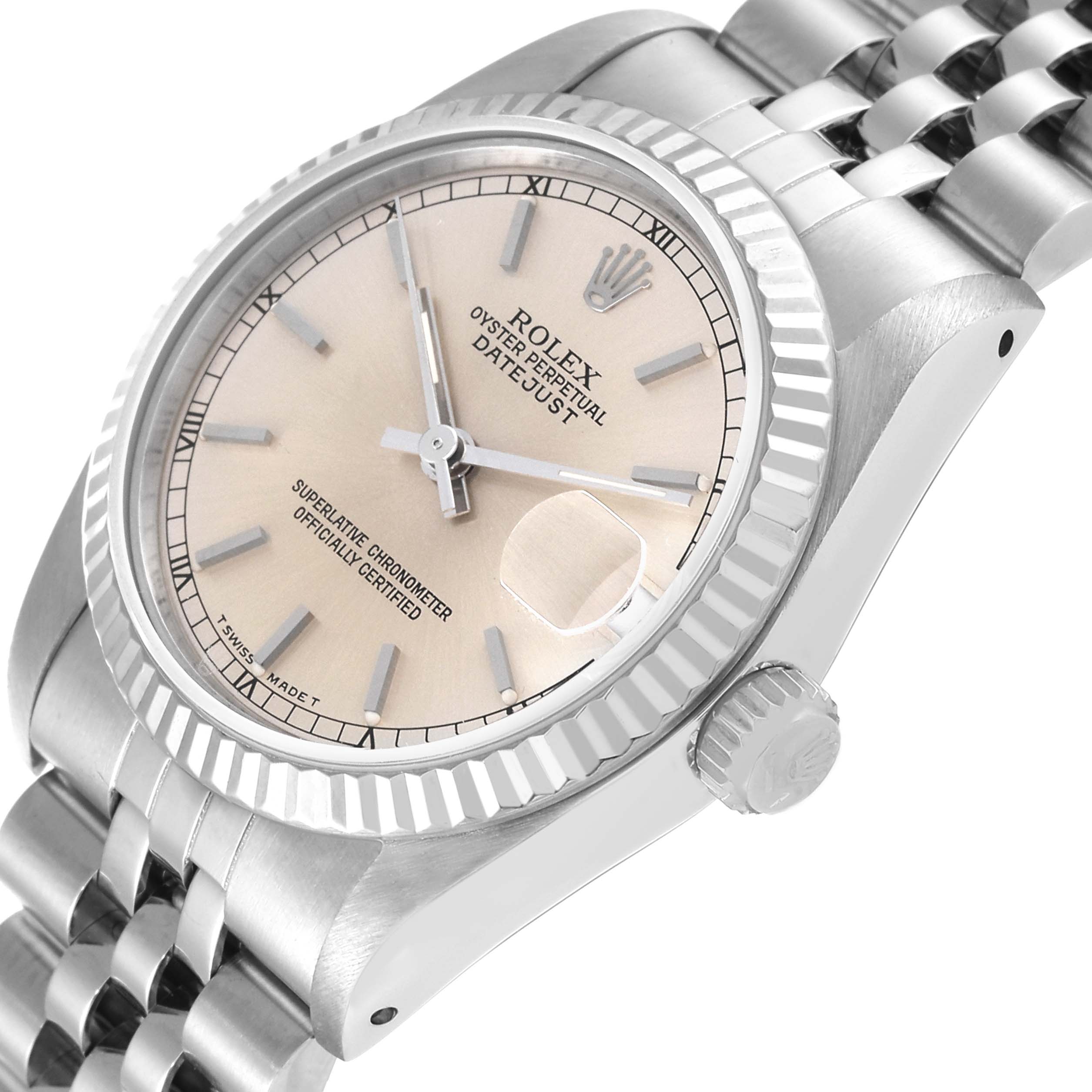 The Rolex Mid-Size 68274 Women
s Stainless Steel Silver Dial 68274 Women
s Stainless Steel Silver Dial watch is shown from a front-left angle, displaying the face, case, bezel, crown, and part of the bracelet.
