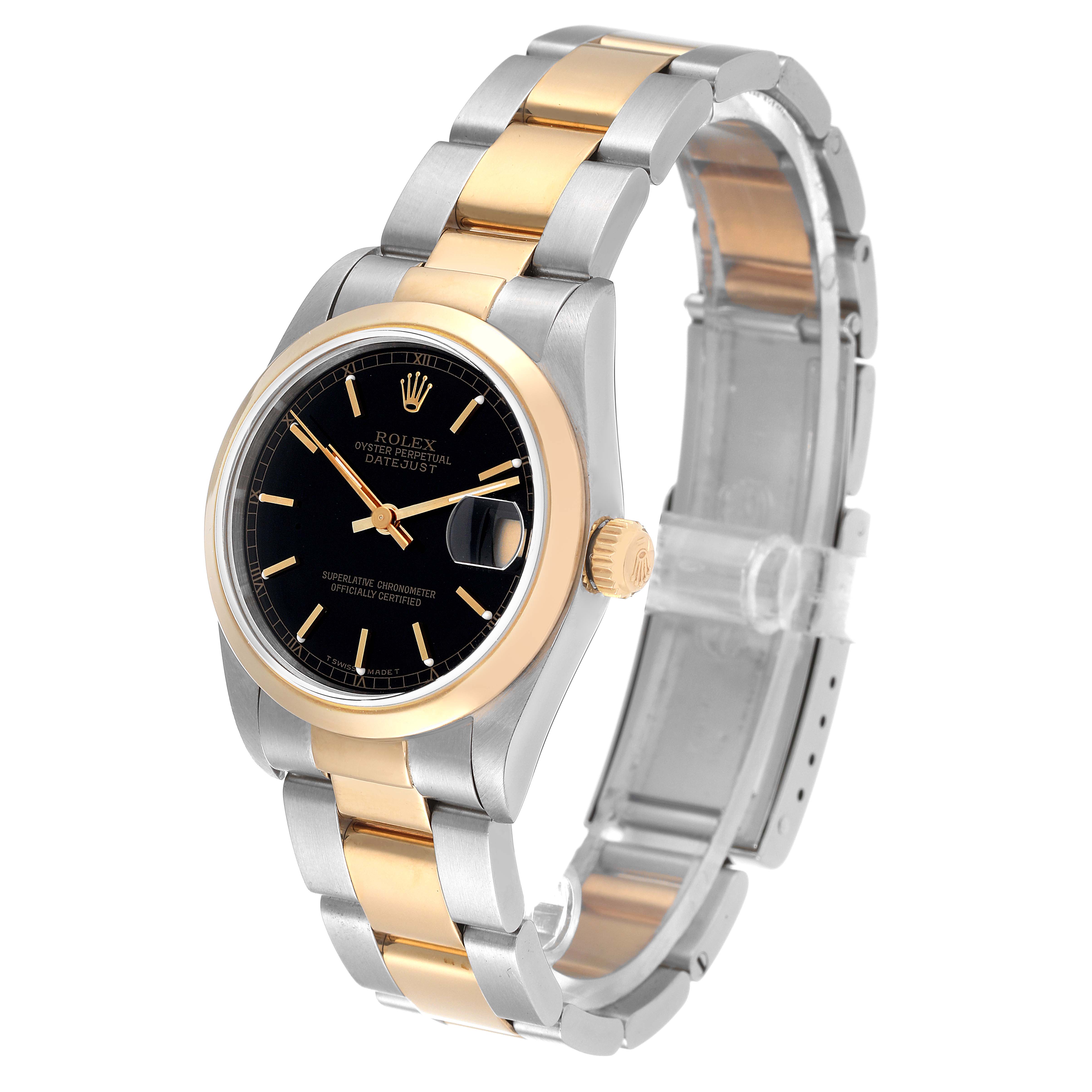 The Rolex Mid-Size 68243 Women
s Steel and Gold (two tone) Black Dial 68243 Women
s Steel and Gold (two tone) Black Dial model watch is shown at a three-quarter angle, displaying the face, bezel, bracelet, and crown.