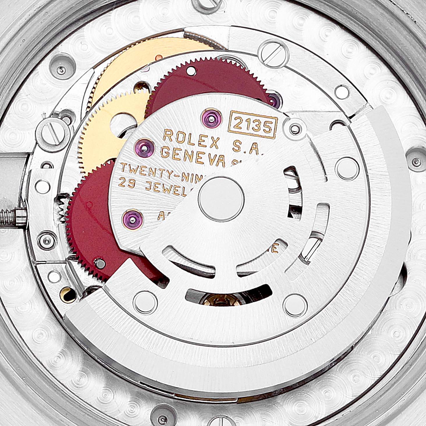 This image shows the detailed internal mechanism (movement) of a Rolex Mid-Size 68243 Women
s Steel and Gold (two tone) Black Dial 68243 Women
s Steel and Gold (two tone) Black Dial model watch from a close-up angle.