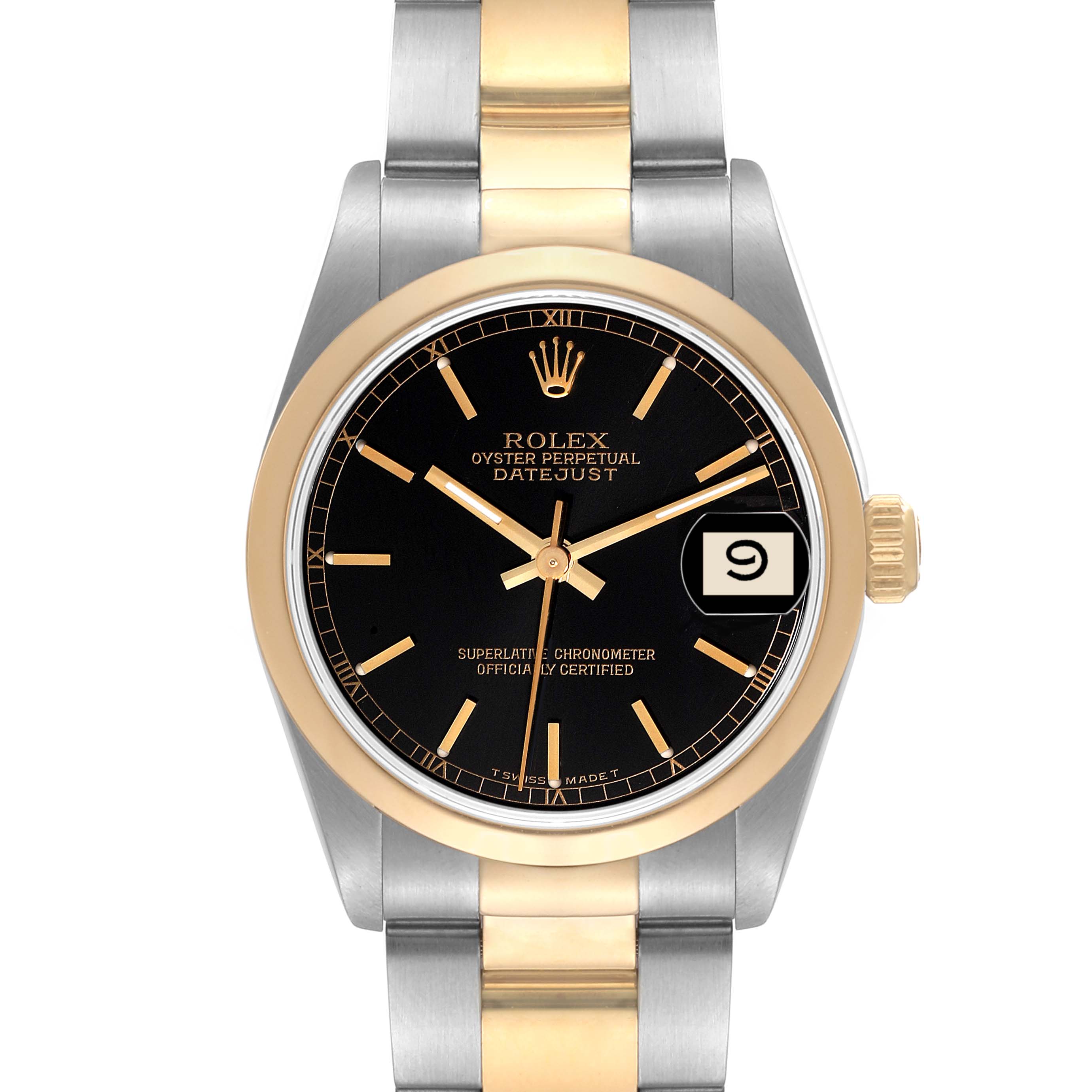 The image shows a front view of a Rolex Oyster Perpetual Datejust Mid-Size watch, highlighting the black dial, date window, and two-tone bracelet.