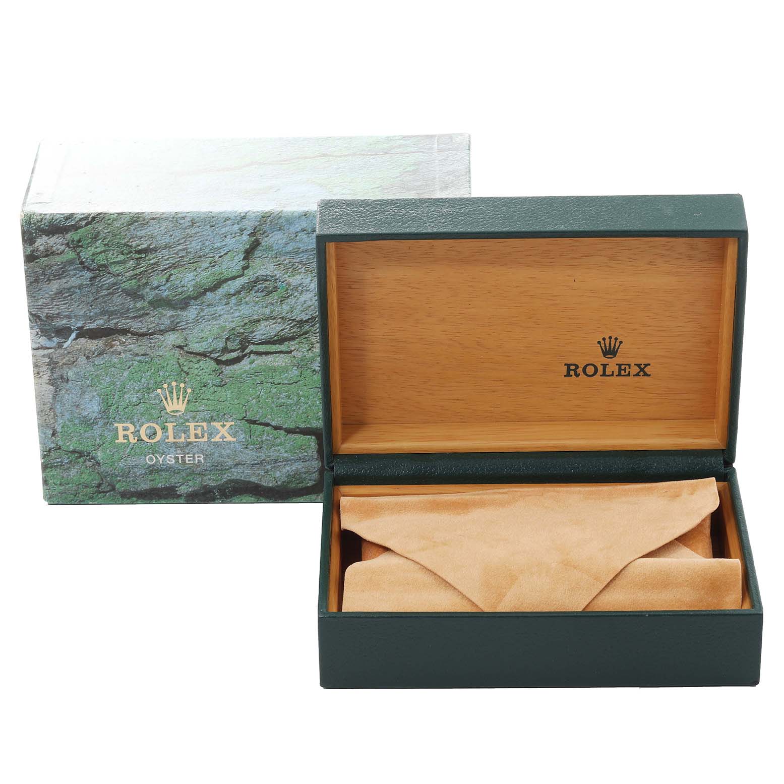 The image shows an open Rolex watch box for a Mid-Size model, with the outer packaging visible in the background.