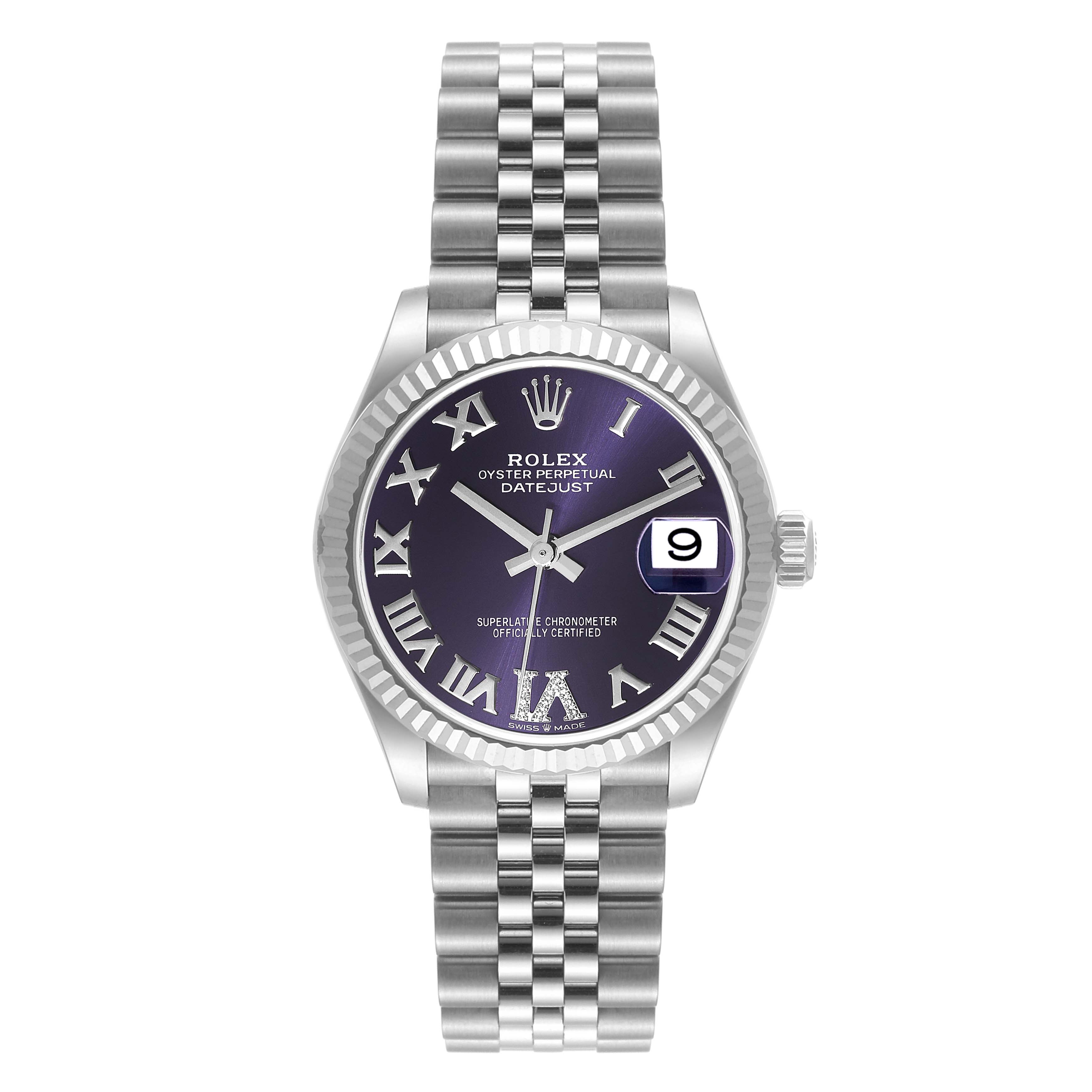 The Rolex Mid-Size 278274 Women's Stainless Steel Blue Dial 278274 Women's Stainless Steel Blue Dial Datejust watch is shown from a front-facing angle, displaying the bracelet, dial, and date window.