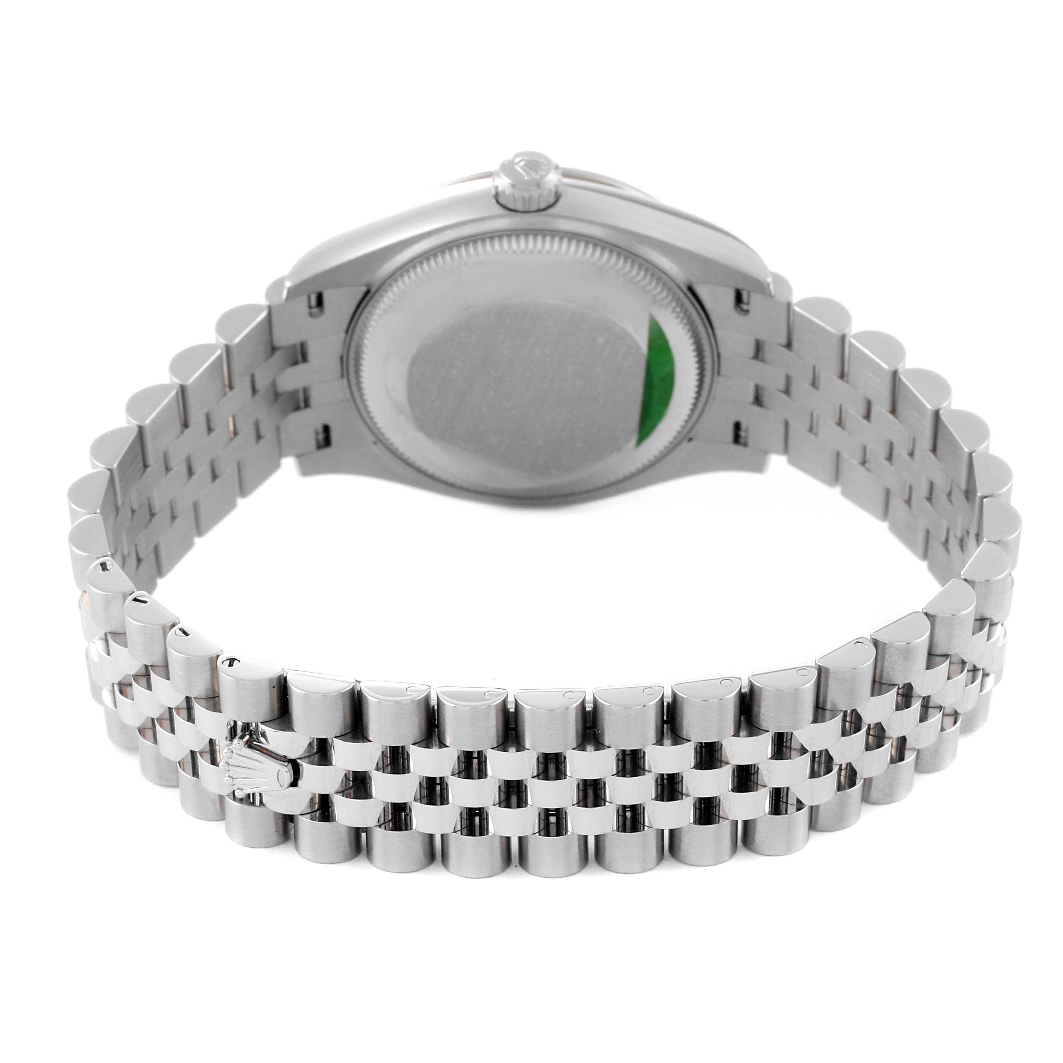 This image shows the backside of a Rolex Mid-Size 278274 Women's Stainless Steel Blue Dial 278274 Women's Stainless Steel Blue Dial watch, featuring the case back and part of the Jubilee bracelet.