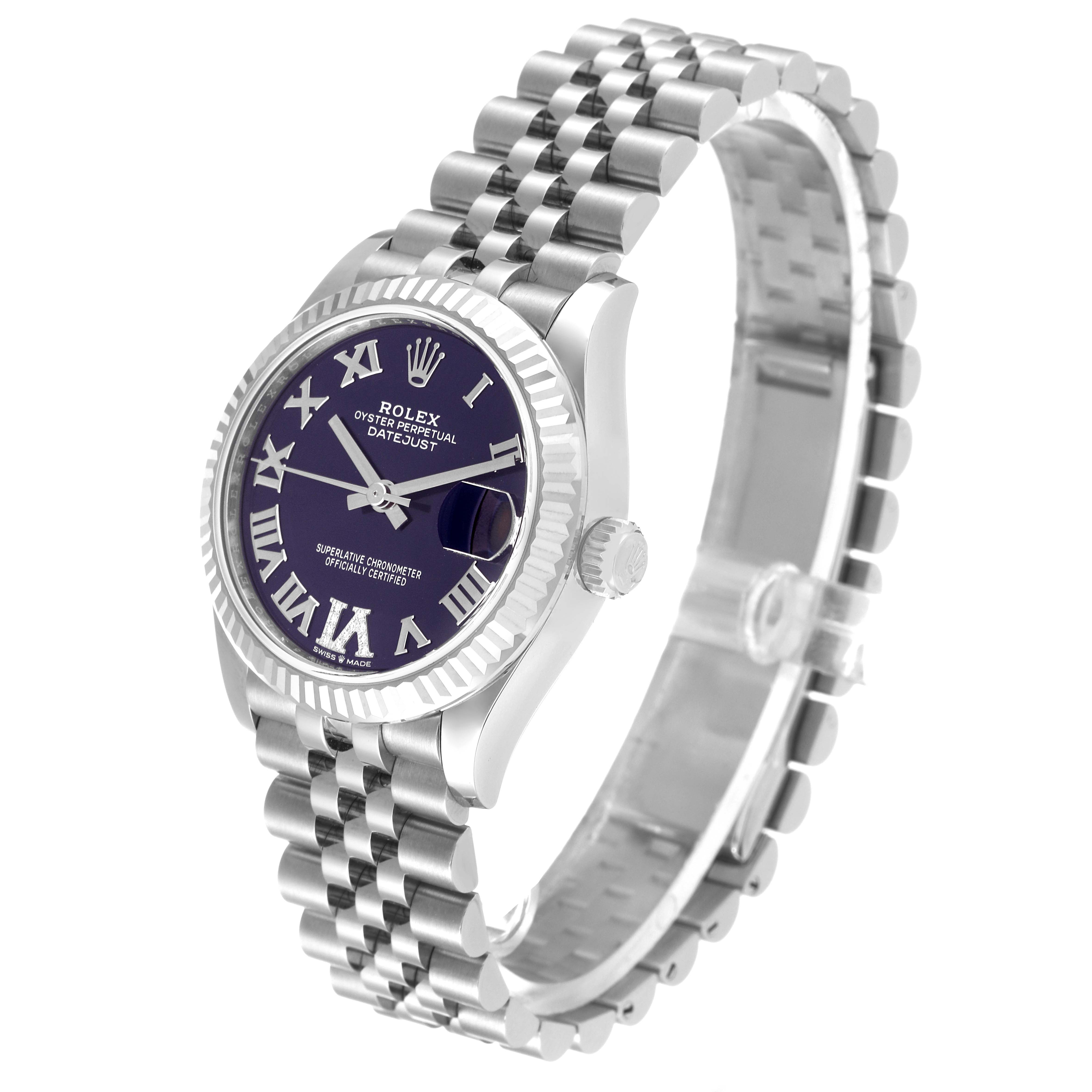 The image shows a Rolex Mid-Size 278274 Women's Stainless Steel Blue Dial 278274 Women's Stainless Steel Blue Dial Datejust watch angled to display the face, bezel, and part of the bracelet.